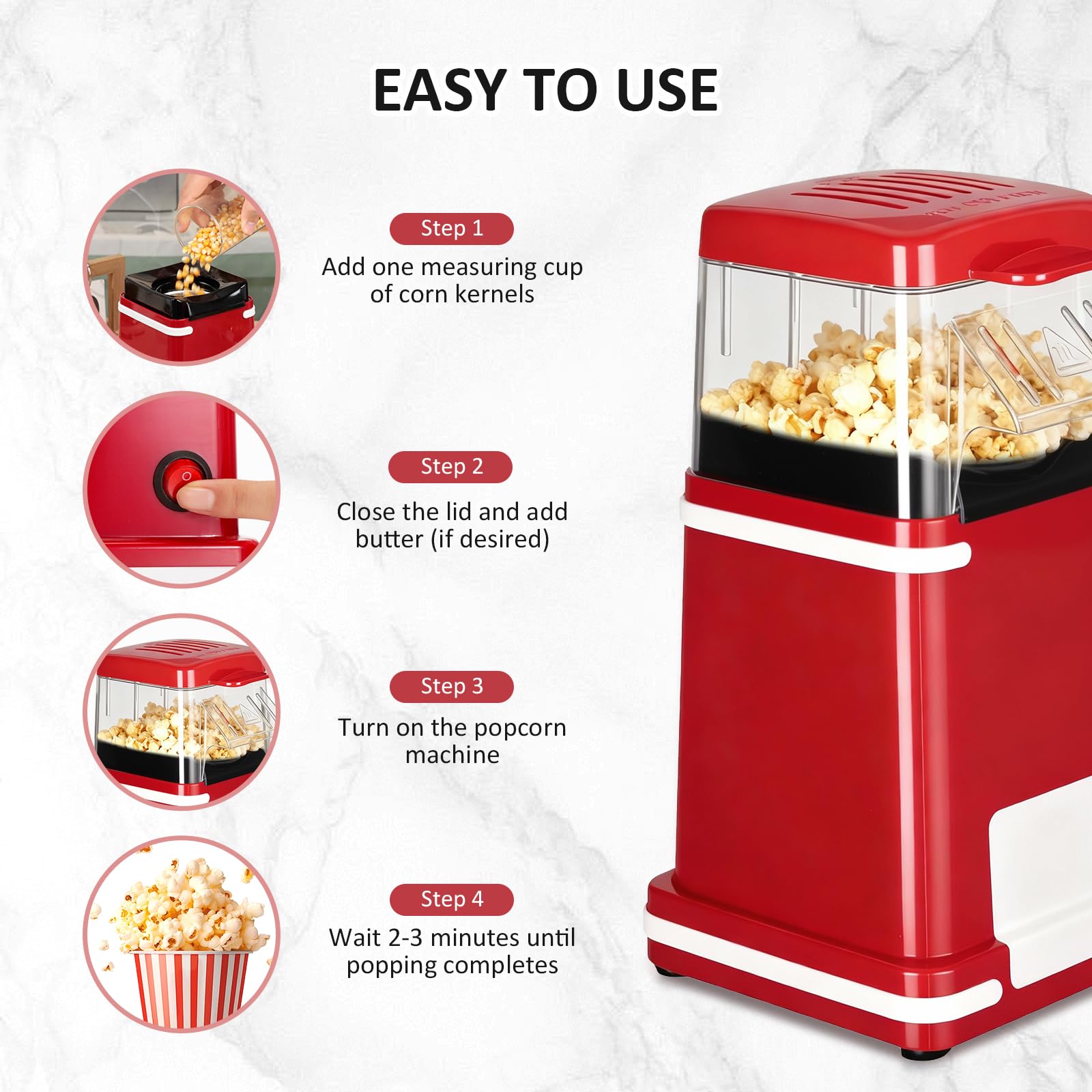 VINATO Macchina Popcorn, Aria Calda 1200W Senza Olio Macchina Popcorn, 1 Pulsante, Prepara Popcorn in Soli 2 Minuti Ideale per Casa e Viaggi