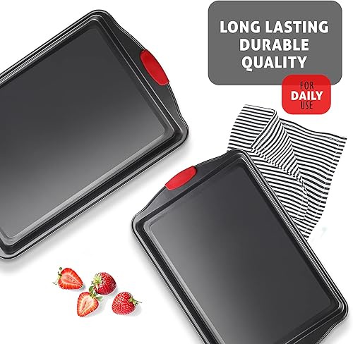 Miniatura 7 de Juego de bandejas para hornear, juego de 2 piezas de bandejas grandes para galletas con asas de silicona, bandeja de acero para hornear, bandejas