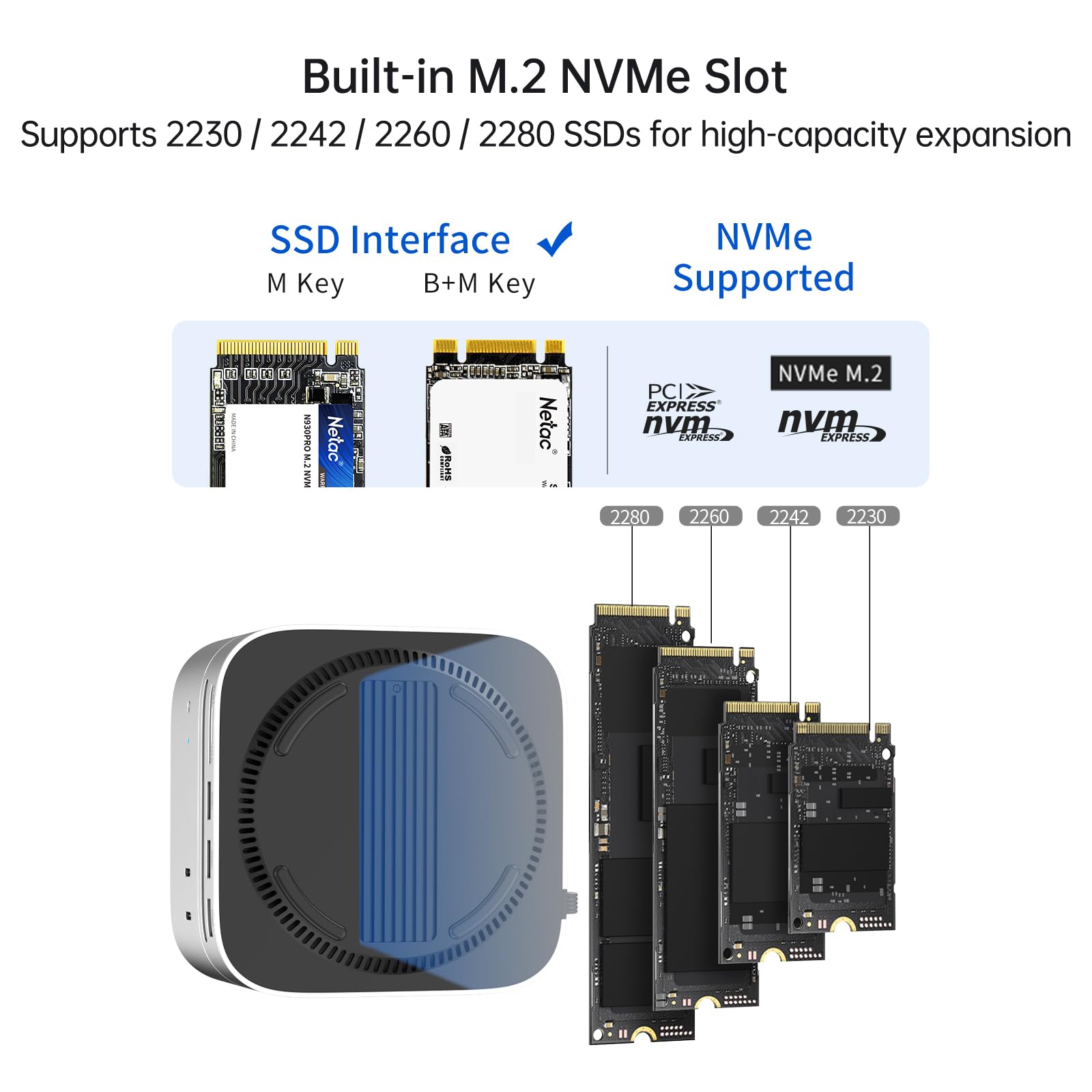Netac Mac mini M4 Hub e supporto 9 in 1 con alloggiamento NVMe SSD da 10 Gbps (fino a 8 TB), dock con USB 3.2 x 2 e USB 2.0 x 2, porta 4K 240Hz DP 1.4 / audio 3,5 mm / audio 3,5 mm, SD/TF