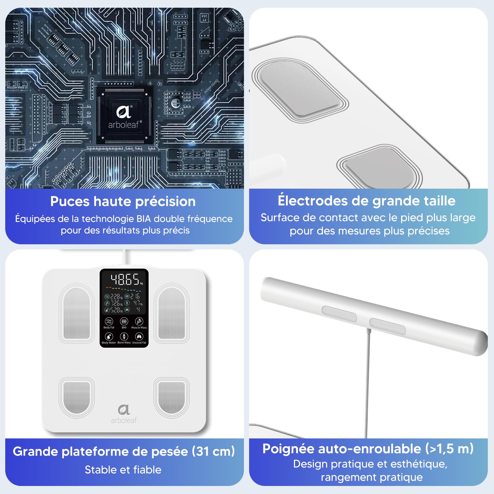 Arboleaf Balance Impédancemètre Connectée 8 Électrodes 180kg - Pèse Personne avec Mesure Masse Grasse et Musculaire