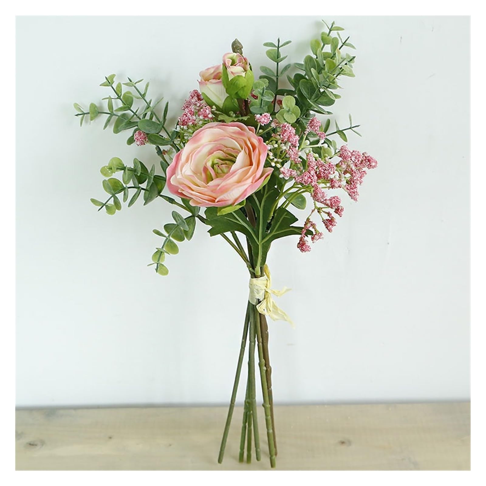 HJRegaFimu Artificial Flowers Wedding Bouquets Bridal Bridesmaids Rayon Ruffles Roses Eucalyptus Leaves Breath Home Decoration Pink