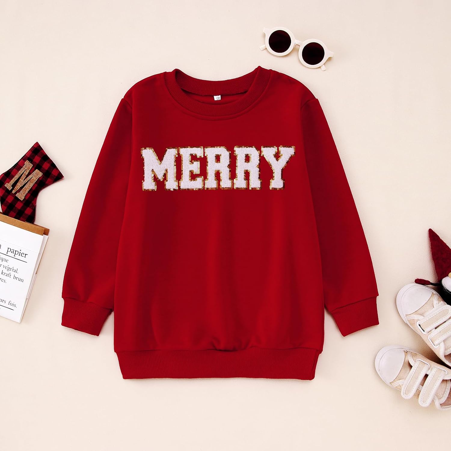 CM C&M WODRO Kids Girl Christmas Sweatshirt Merry Shirt Long Sleeve Chenille Patch Xmas Holiday Crewneck Pullover Top 7-12Y