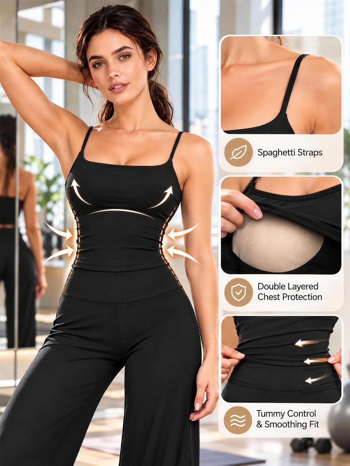 Set da allenamento da donna, due pezzi, spalline sottili, top corto e pantaloni a gamba dritta abbinati