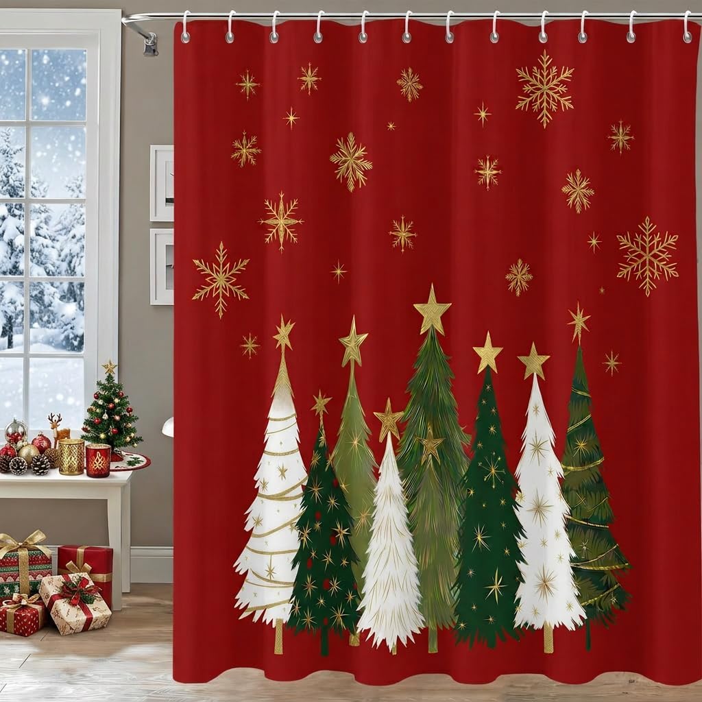 Christmas Shower Curtain Set with Hooks Green 72x72 inch