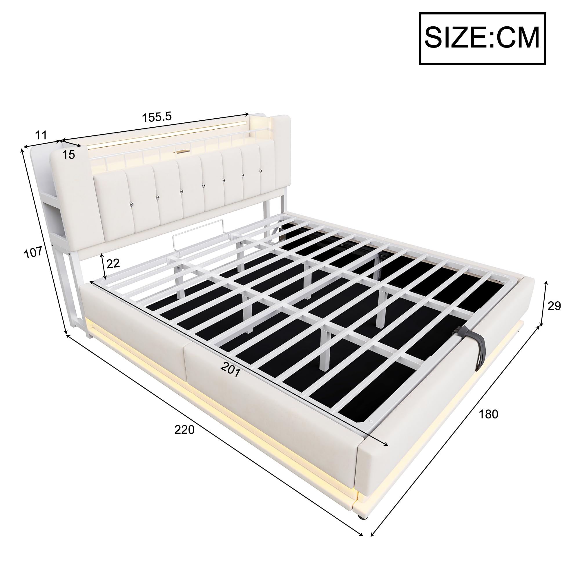 Letto imbottito intelligente con illuminazione a LED, spazio di archiviazione USB e idraulico, rivestimento in morbido velluto e telaio in metallo (beige, 180 x 200 cm)