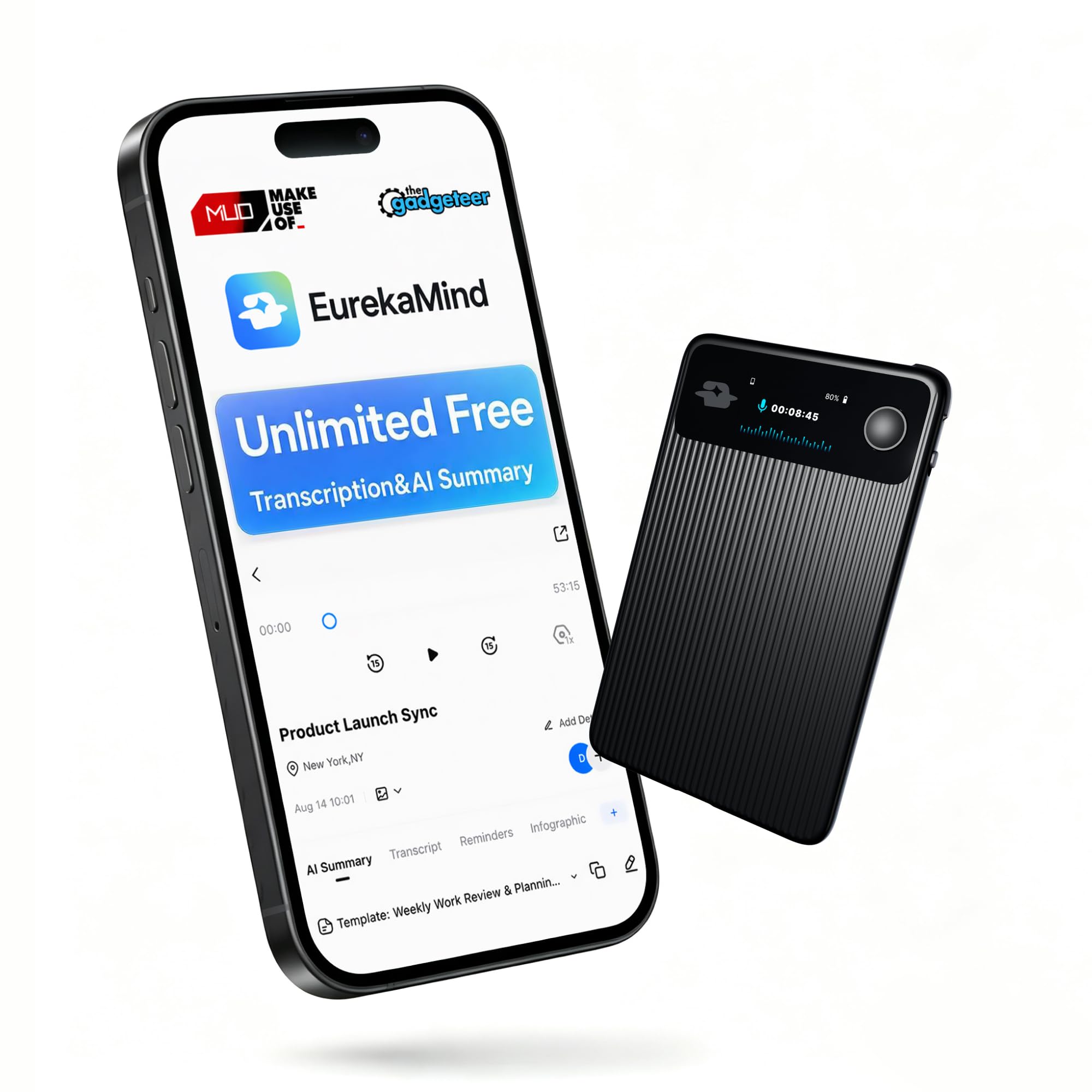 AI Voice Recorder, Unlimited Transcription, 2.0 Standard, Black