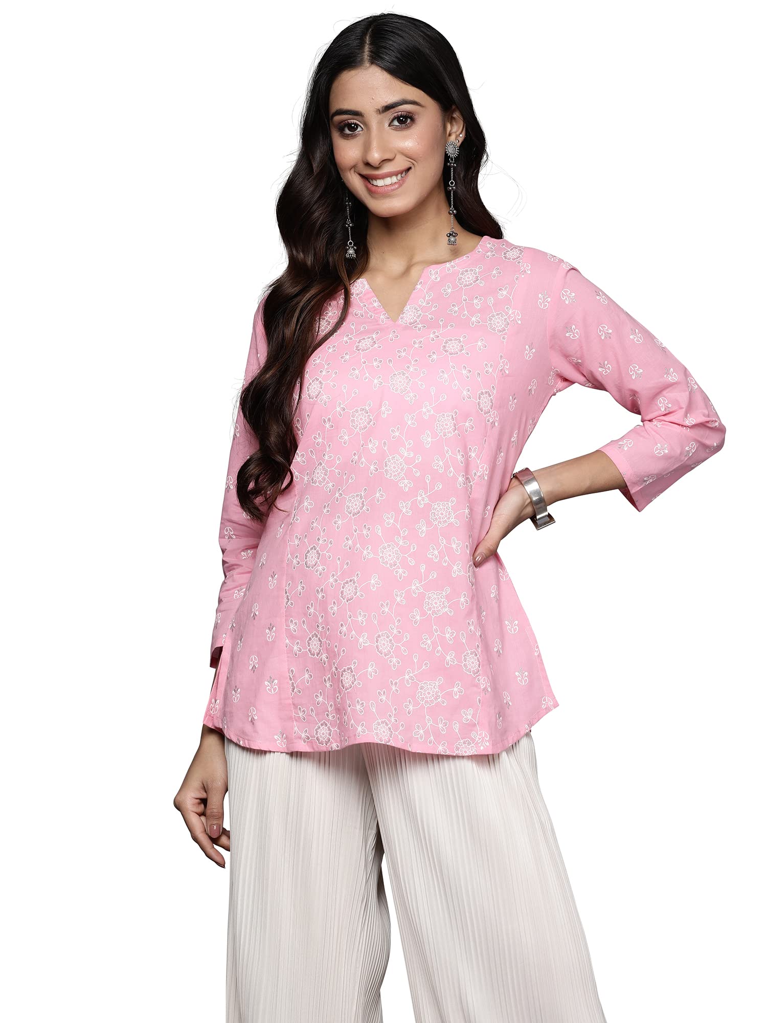 Indo Era Women's Cotton Printed Regular Ethnic Tunic Top (TP0PK5014_Pink_S to XL-Size) in pink