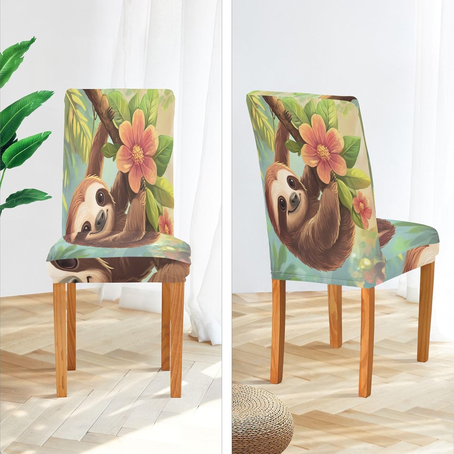 ALAZA Chair Covers for Dining Room, Cartoon Sloth Hang on The Tree Floral Stretch Chair Cover Sets Chair Protector Removable Washable for Ktichen Restaurant Hotel