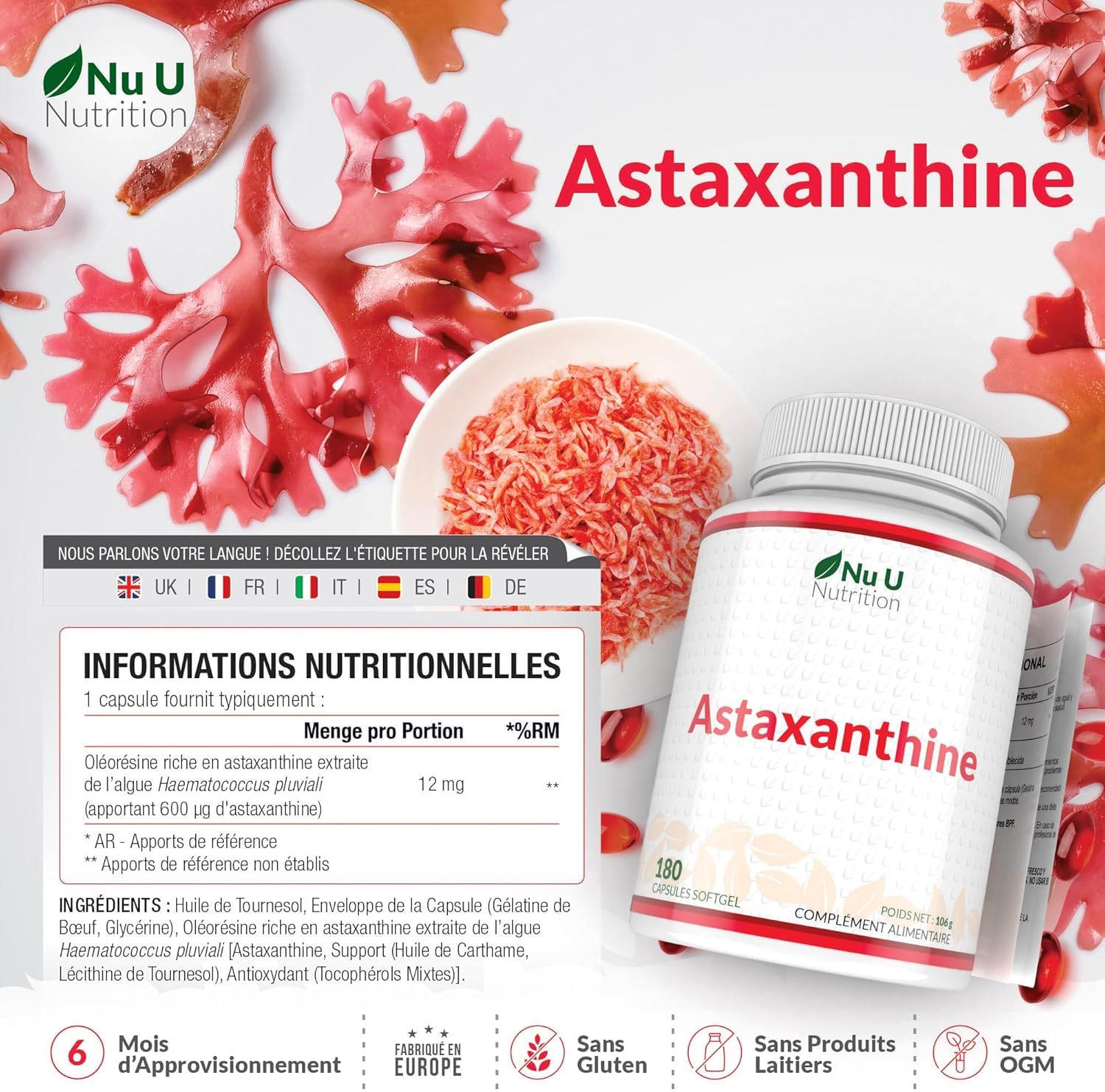Astaxanthine 12mg - 180 Softgels de Forte Puissance - Approvisionnement 6 Mois - Supplément Antioxydant Puissant - Astaxanthine de Haematococcus Pluvialis Algae - Fabriqué en Europe - Nu U Nutrition