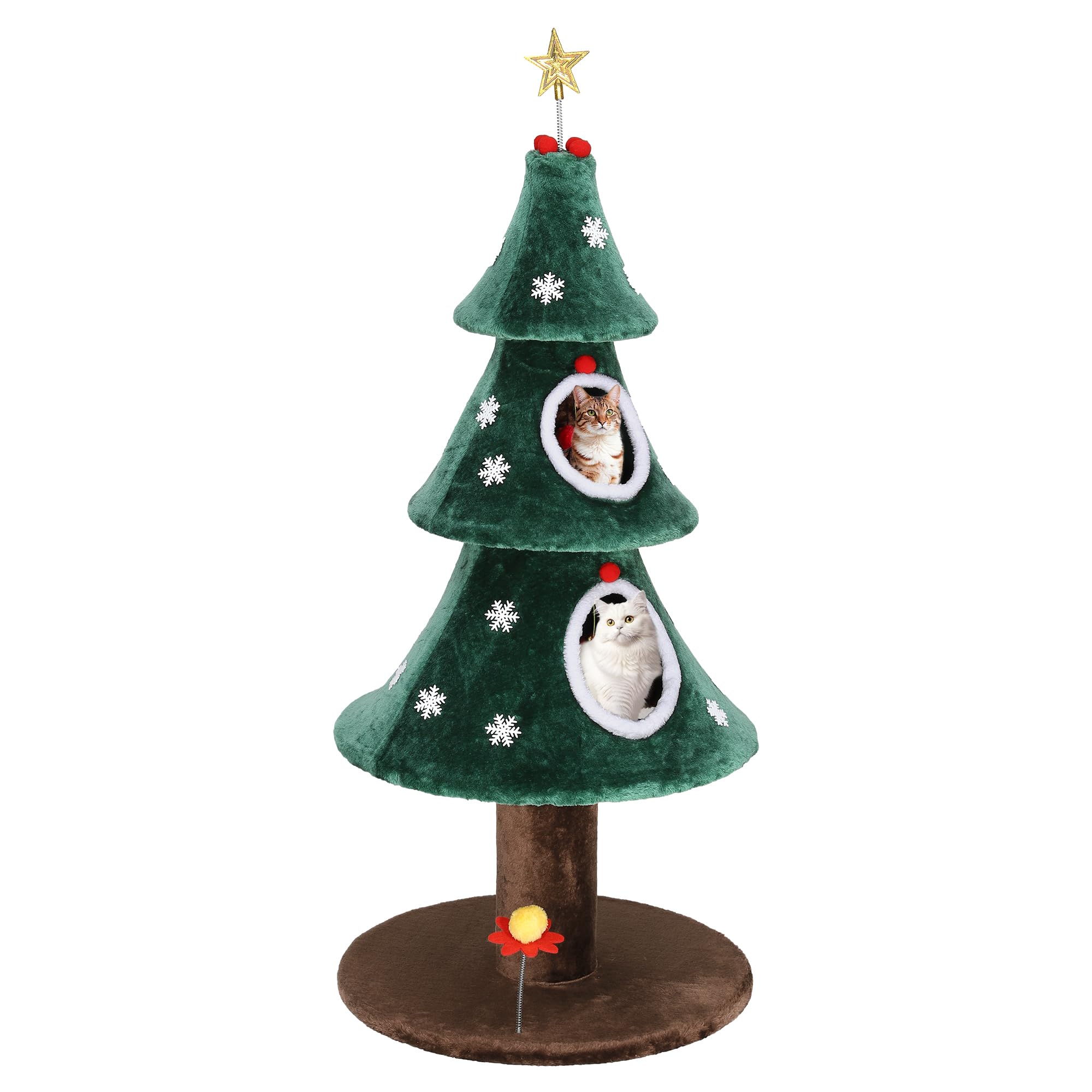 YITAHOME Albero di Natale grande con 2 ripiani, casa per gatti da 132 cm, colonne tiragraffi, centro attivo per gattini e decorazioni natalizie in verde