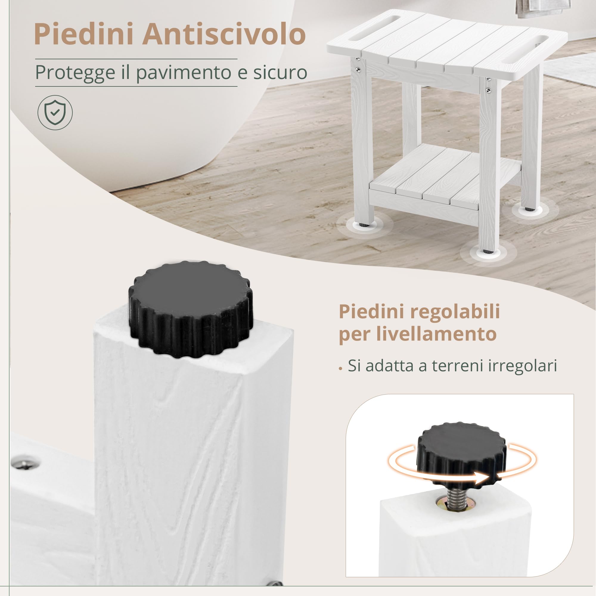 LUE BONA Sgabello da Doccia in HDPS, Sedia da Bagno Impermeabile con Ripiano, Seduta Antiscivolo per Doccia, Resistente alle Intemperie per Interni ed Esterni, Bianco