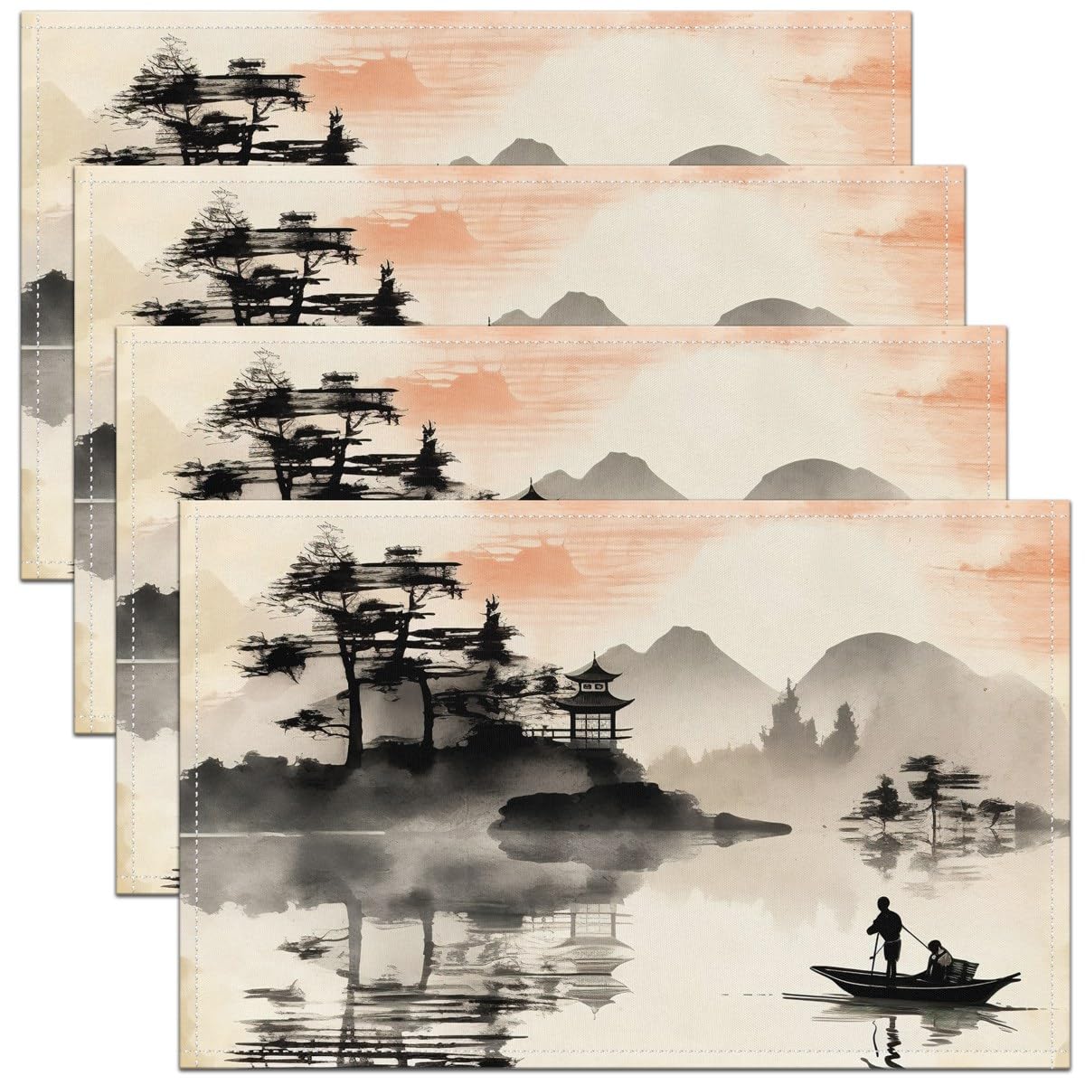 Richhome Red Orange Black Gray Ink Painting Style Scenery Place Mats Red Sun Black Gray Trees Lake Table Mats For Kids Teens Adults Eastern Style Hand Drawn Style Kitchen Mats For Dining Table 12X18 Inch Set Of 4
