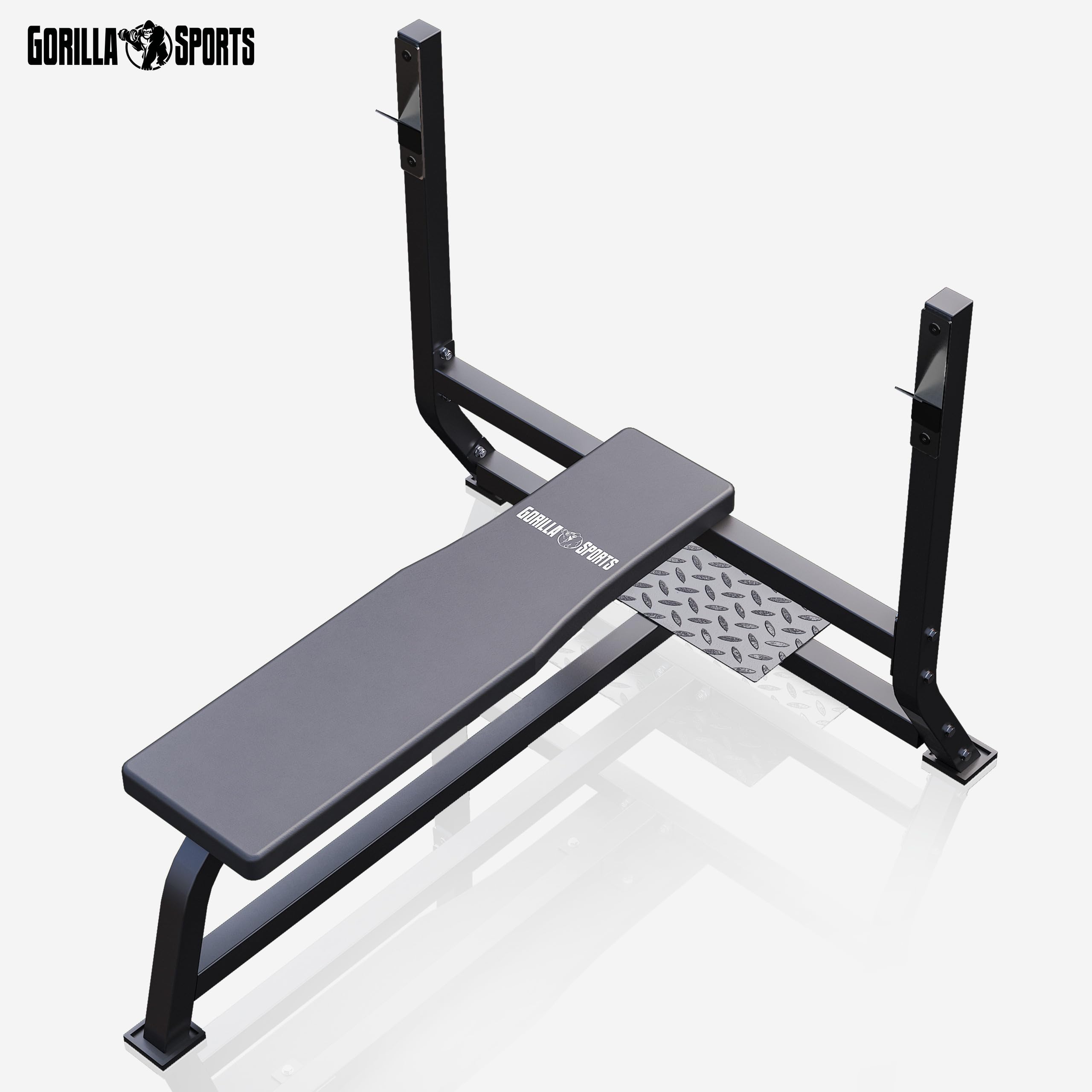 GORILLA SPORTS® Banc de Musculation - avec Support Barres, Charge Max. 250 kg (Banc) / 100 kg (Repose Barre), Noir/Blanc - Développé Couché, Support Haltères, Plat, Entraînement, Gym, Sport