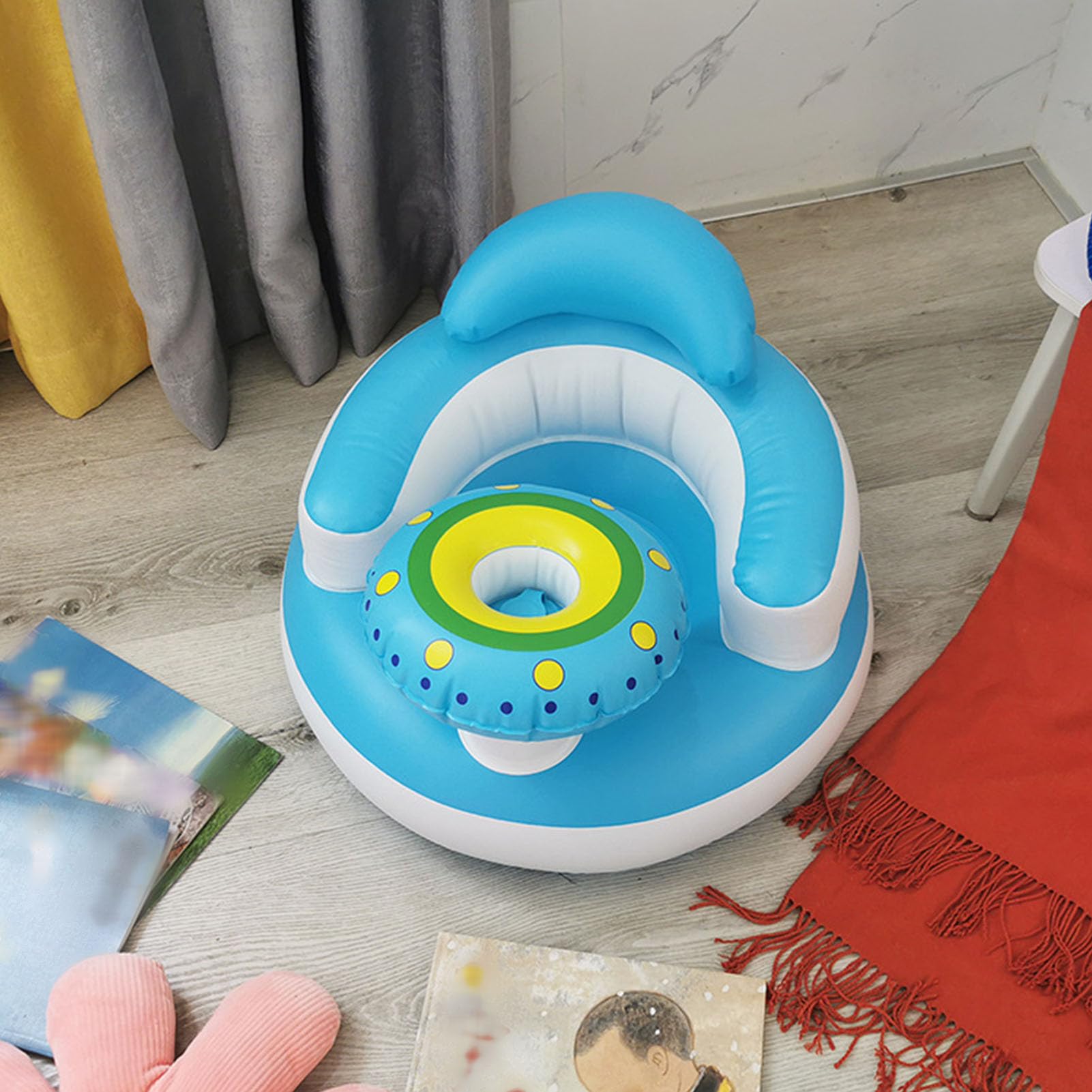 Aufblasbarer Babystuhl mit Sicherer Rückenstütze Zum Baden, Spielen, Füttern – Tragbares Baby für Neugeborene und Kleinkinder – PVC-Material Blau