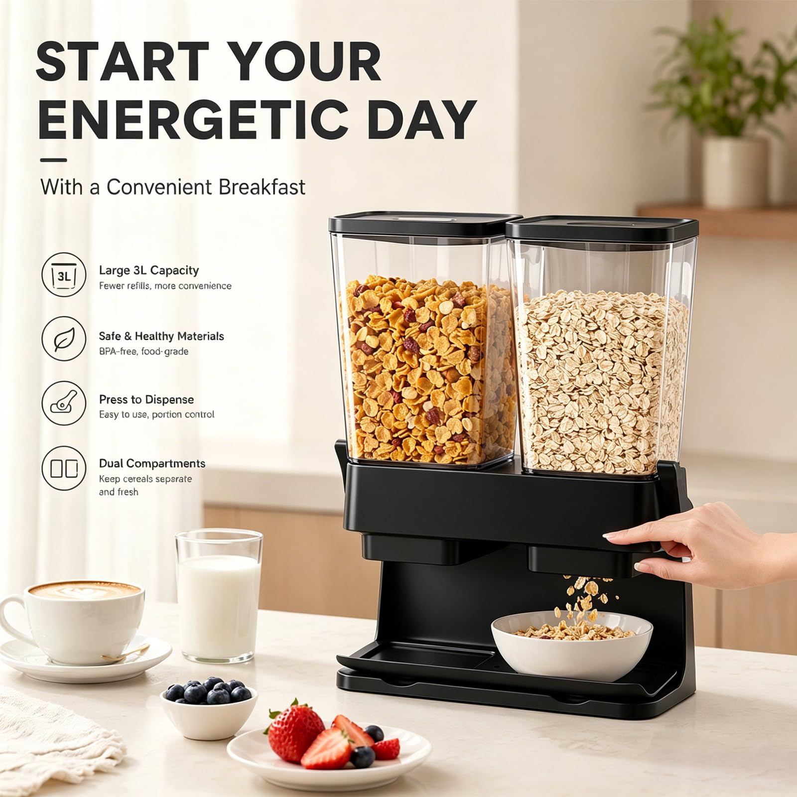 Müslispender 2er Set, 2 x 3L Cereal Dispenser, auslaufsicher & lebensmittelecht, klare Luftdichte Behälter für Cornflakes, Nüsse, Kaffeebohnen & Haferflocken, platzsparend für die Küche (Schwarz)