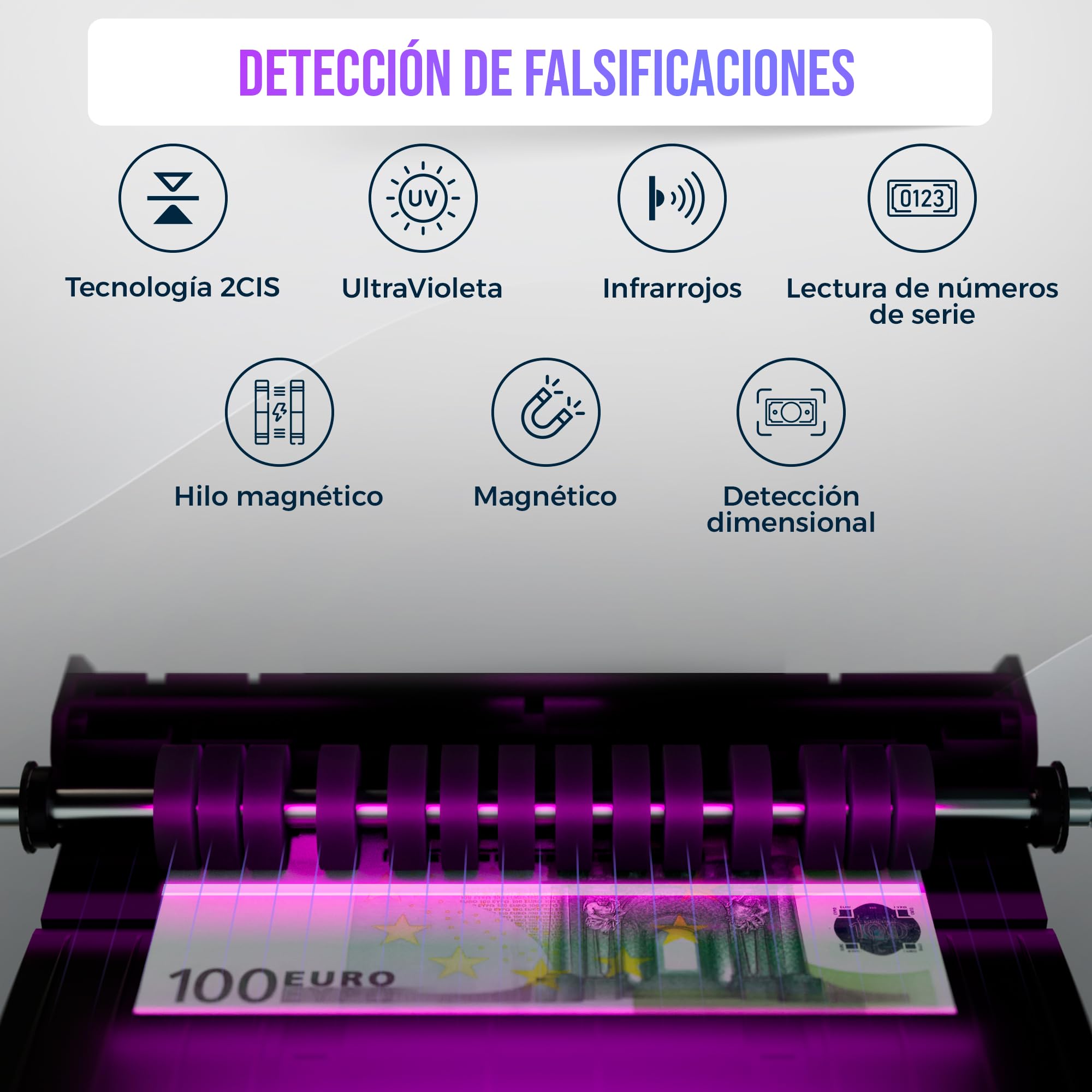 MV-550 - Contador de dinero para billetes mixtos y detector de billetes falsos | UV/MG/IR/DD / 2CIS, etc. | Precisa | EUR USD GBP SEK CHF, etc. | Contador de billetes | Contador de dinero