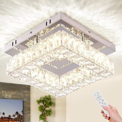 Miniatura 9 de Qieynel Candelabros de cristal modernos dorados con control remoto empotrado, lámpara de techo LED con cristales para baño, cocina, oficina,