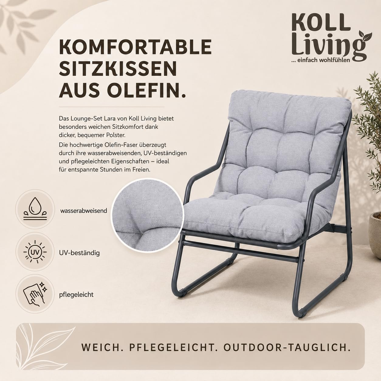 Koll Living Outdoor Bistro-Set Lara | Modernes Gartenmöbel Set mit 2 Sesseln & Tisch | Wetterfest, UV-beständig, wasserabweisend (Grau)