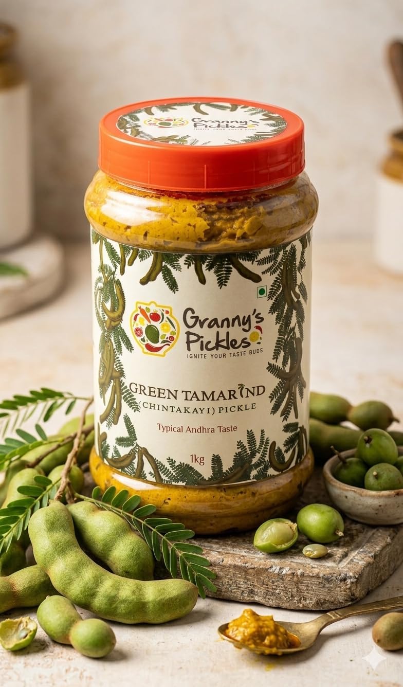 NFW Granny's Pickles Chintakayi (Green Tamarind) Pickle - Typical Andhra Taste 1 KG - Home made |Hand made | Organic Green Tamarind(Chintakayi) & ingredients |Additive Free |Quality Groundnut Oil |Tangy |Traditionally crushed & made