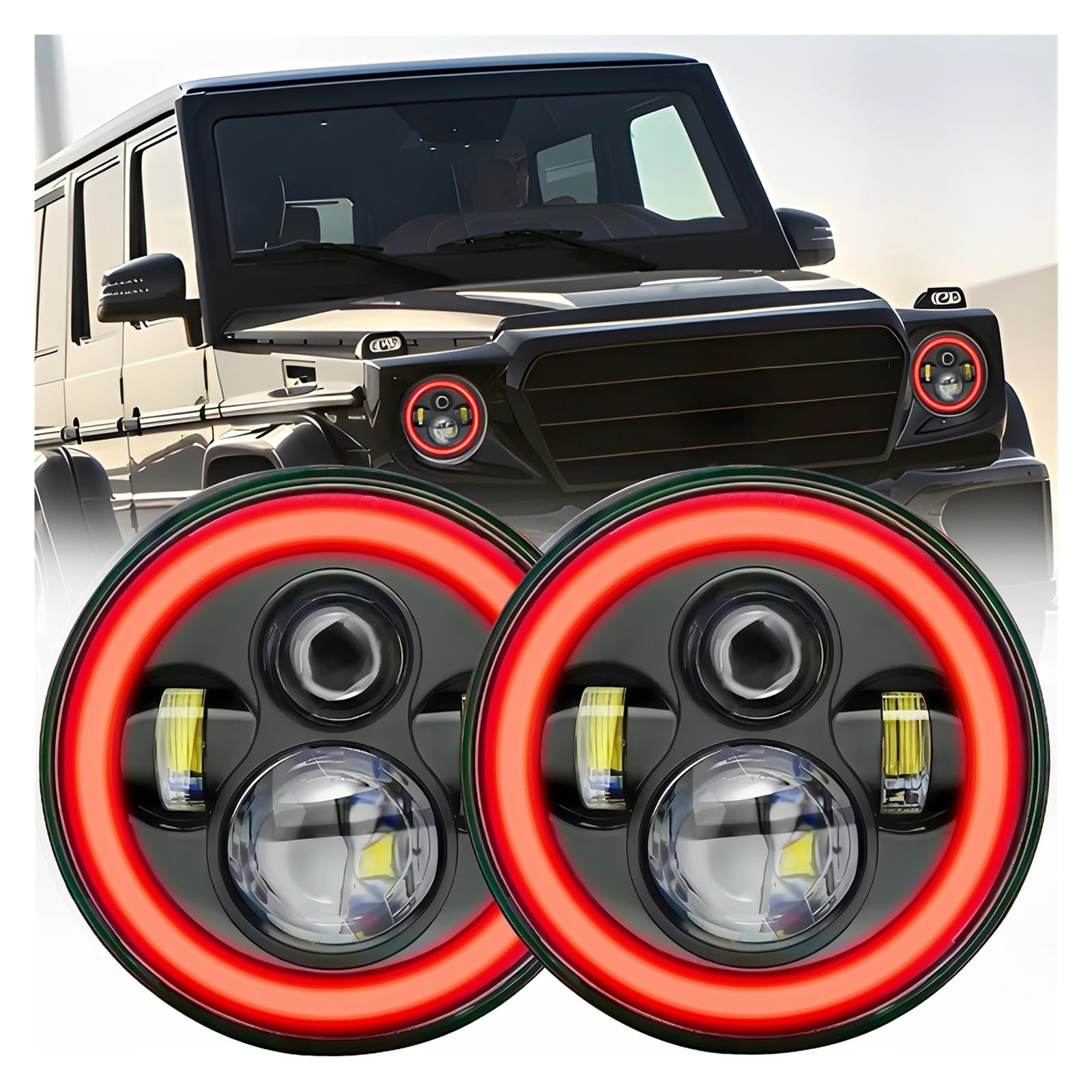 2個7 LED DRLヘッドライト4 × 4 7インチラウンドハローヘッドライトジープJK VAZ 2121 LADA NIVA 7 LEDヘッドランプアンバー信号 7インチ ラウンド LED ヘッドライト ヘイローヘッドライト付き