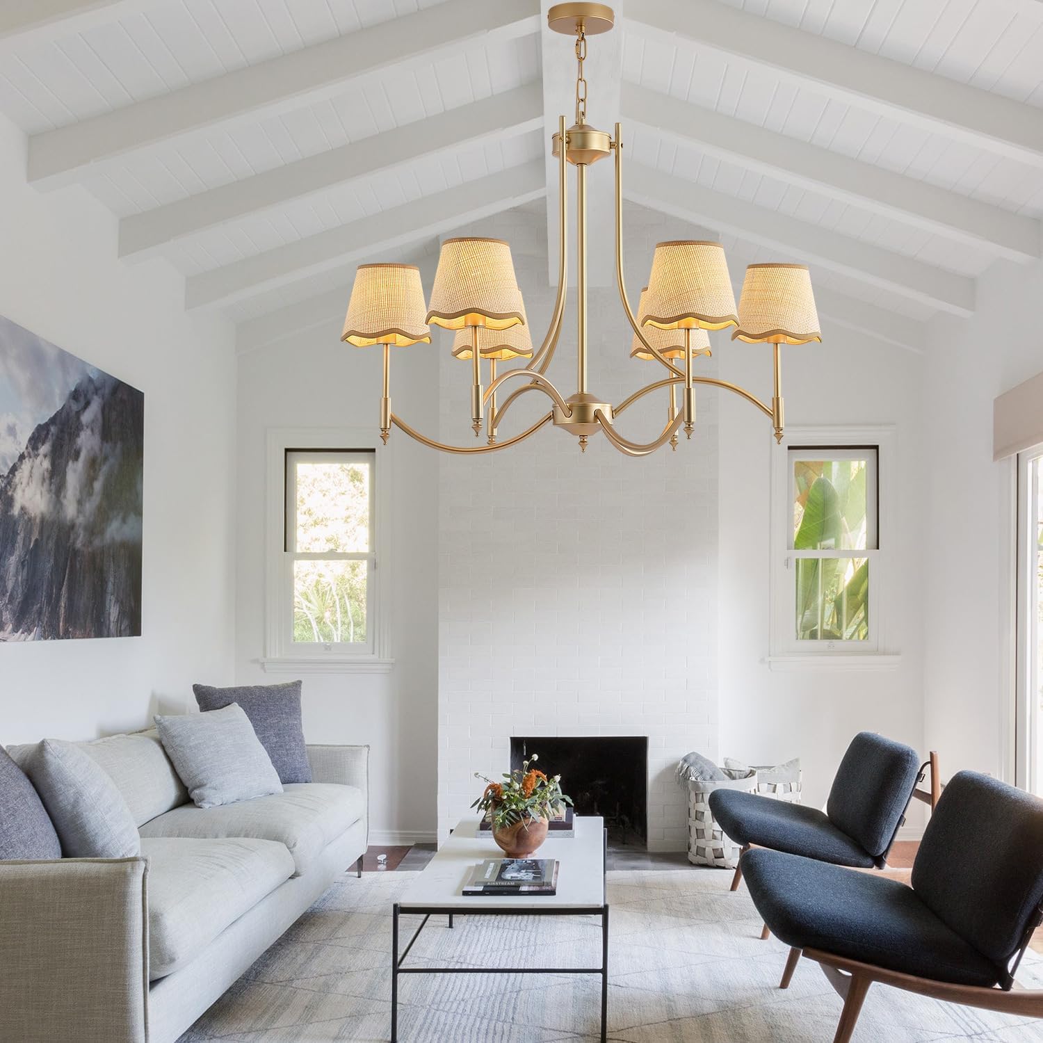 Gold Farmhouse Chandelier for Dining Room， 6-Lights with Boho Rattan Shade Dining Room Light Fixtures，Rustic Industrial Chandelier for Living Room Kitchen Island Foyer