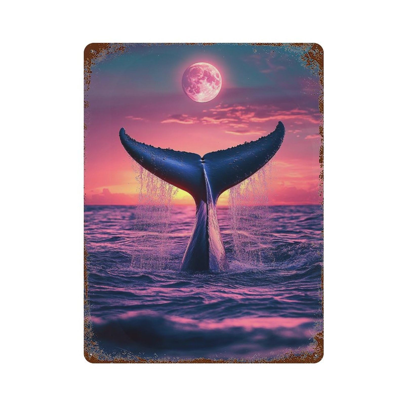 Whale Tail Sunset Moon-1 15.7"x11.8" Weathered Tin Sign, Rustic Home Decor for Living Room, Hallway And Home Decor