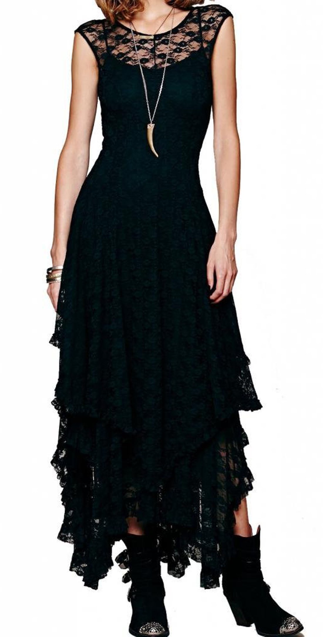 R.Vivimos Women's Summer Dress Sleeveless Irregular Hem Lace Long Maxi Dress Party Dresses(Small,Black)