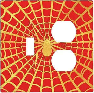 Decorative Outlet Covers Red Background with Golden Spiderweb Spider 2 Gang Outlet Cover Wall Plate Single Toggle Duplex Light Switch Cover Plate Switch Plate Covers for Home Decor