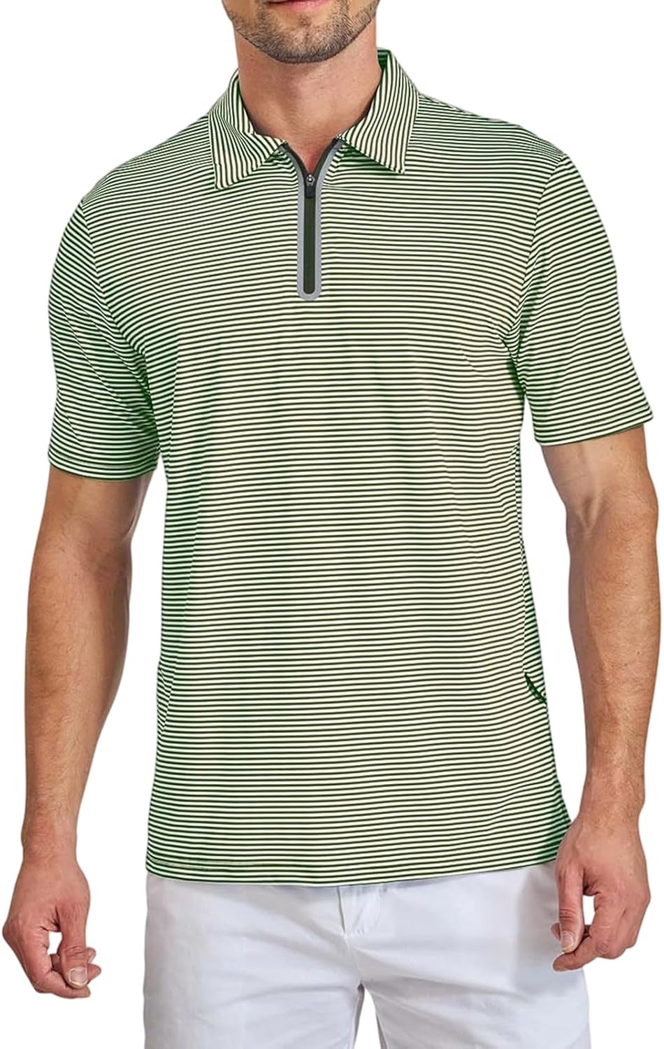Men's Golf Quarter Zip Performance Short Sleeve Polo - Moisture Wicking Dry Fit Striped Golf Polo Shirts for Men
