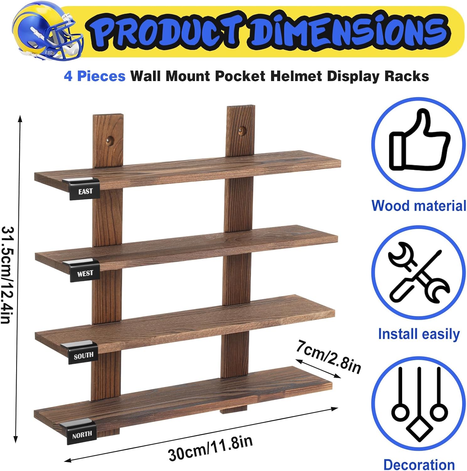 Colingmill 4-Tier Mini Football Helmet Display Rack 11.8 x 12.4 x 2.8 Inches Wall Mount Wooden Pocket Helmet Storage Shelf with 4 Acrylic Labels Signs Ideal Gift for Sports Enthusiast