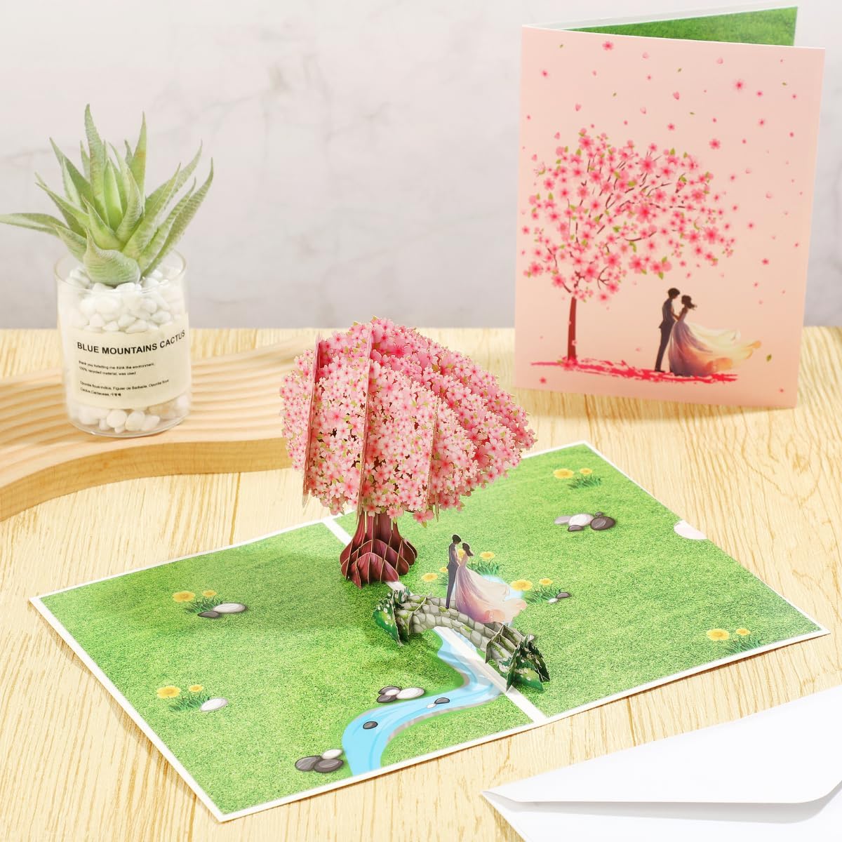 Pop Up Anniversary Card, Valentines Day Card for Wife Husband Him Her, 3D Cherry Blossom Bridge with Couple, Romantic Greeting Cards for Valentines, Anniversary, Birthday, Wedding, 6x8 inch - Image 2