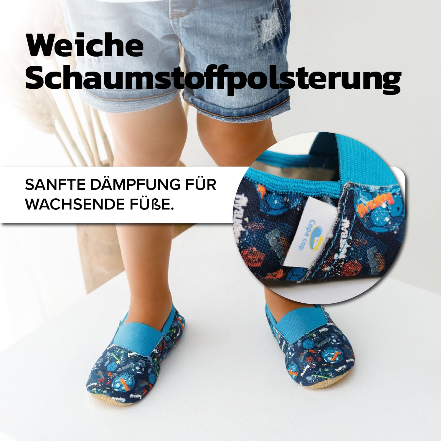 Turnschläppchen Jungen – Gymnastikschuhe Jungen aus 100% Baumwolle – rutschfeste Hausschuhe Kinder extrabreit mit Elastischem Einsatz und Gummisohle