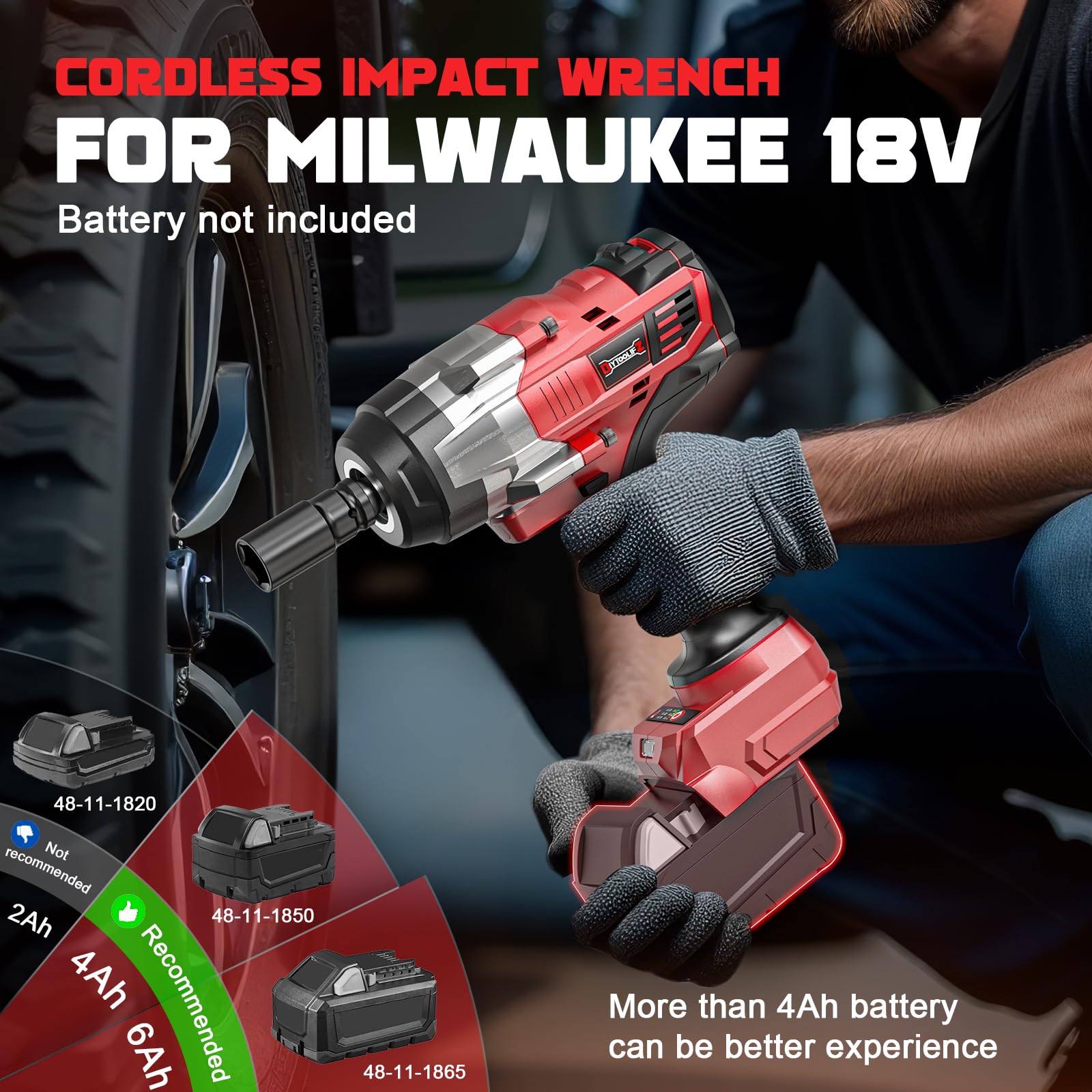 Bezprzewodowy klucz udarowy 1/2 cala do akumulatora Milwaukee 18 V, wkrętarka udarowa o wysokim momencie obrotowym, bezszczotkowy elektryczny pistolet udarowy z 4 trybami i światłem LED do samochodu
