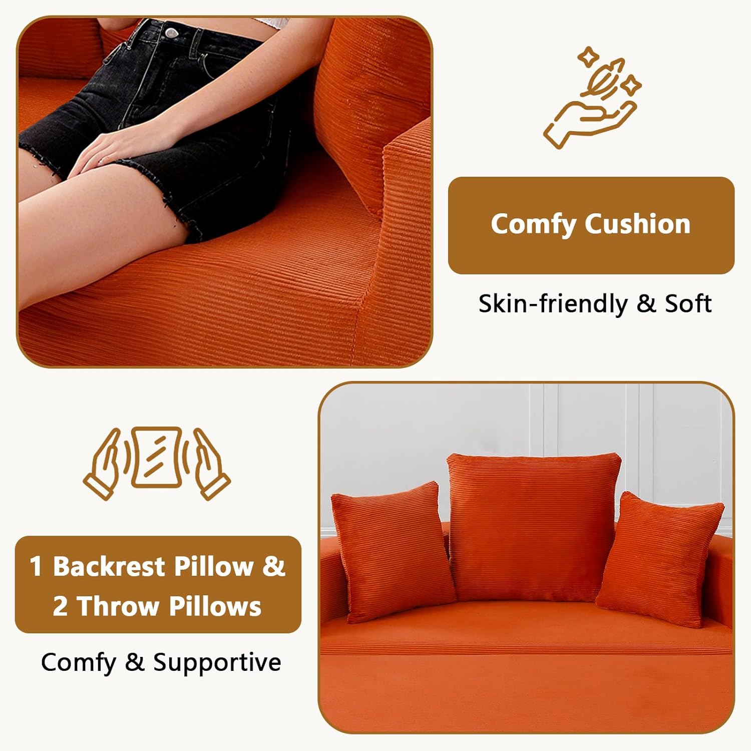 HRVEOCEI 67'' Circular Convertible Compressed Sofa Bed, Orange Corduroy Floor Lounge Round Boneless Couch, Loveseat Sleeper Sofa Couch with 3 Cushions, No Assembly for Apartment, Bedroom (Orange, 67")