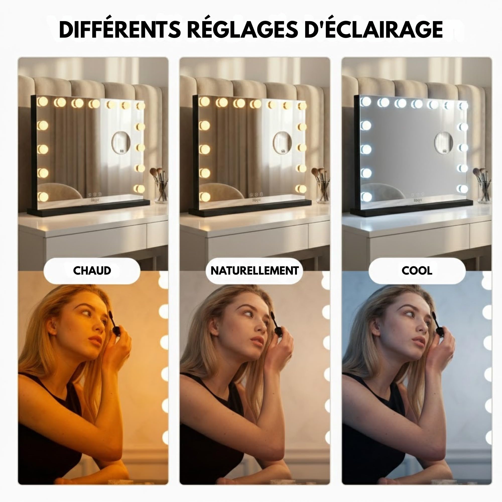 Bayt Miroir Maquillage Hollywood LED, 58 x 46 cm – Miroir Coiffeuse Lumineux avec 18 Ampoules Dimmables | 3 Couleurs de Lumière, Écran Tactile & Miroir Grossissant 10x, Noir