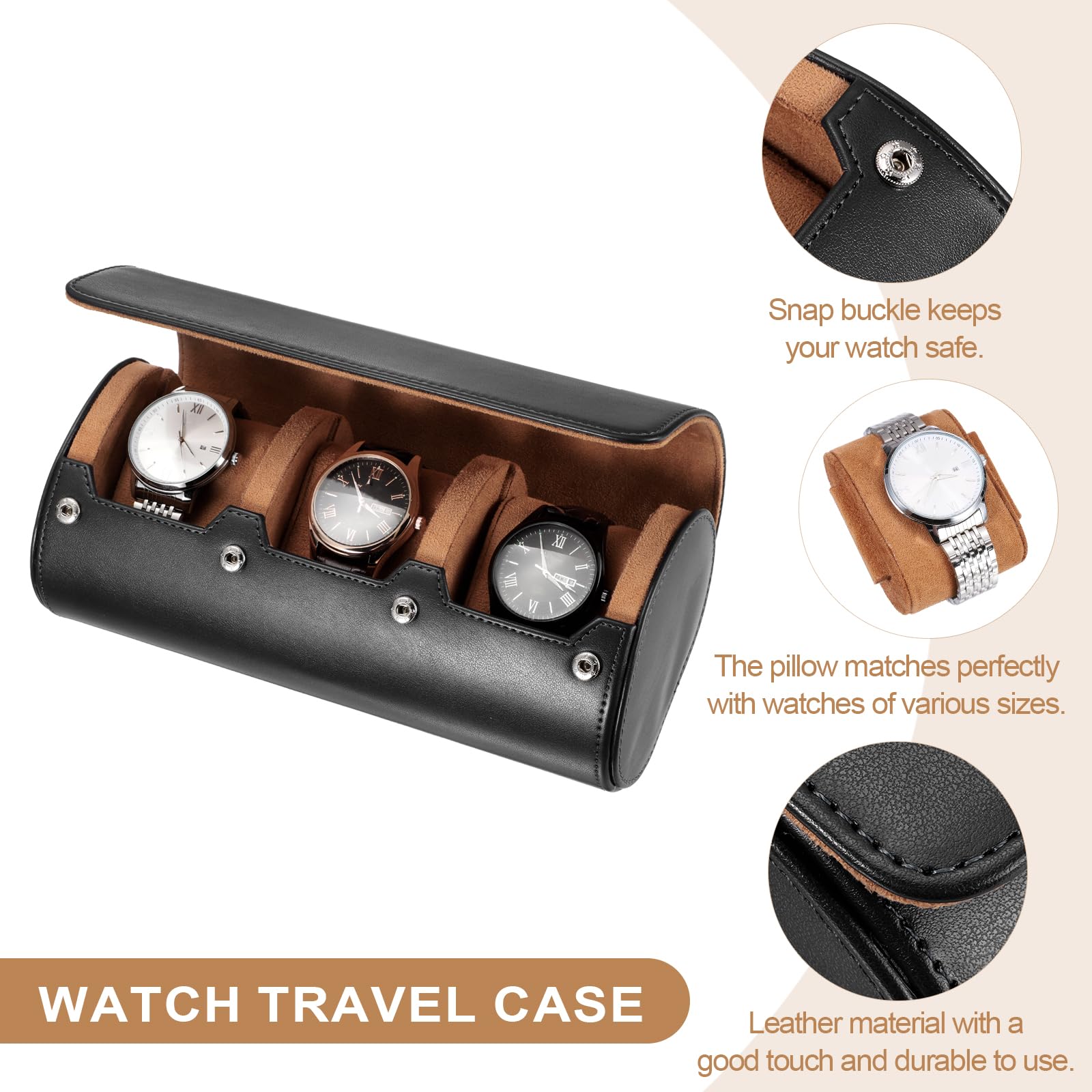 Custodia da viaggio per orologio da uomo in pelle, astuccio arrotolabile per orologio, scatola portaoggetti portatile per orologio, ideale per Natale, compleanno e anniversario, con 3 scomparti (ner