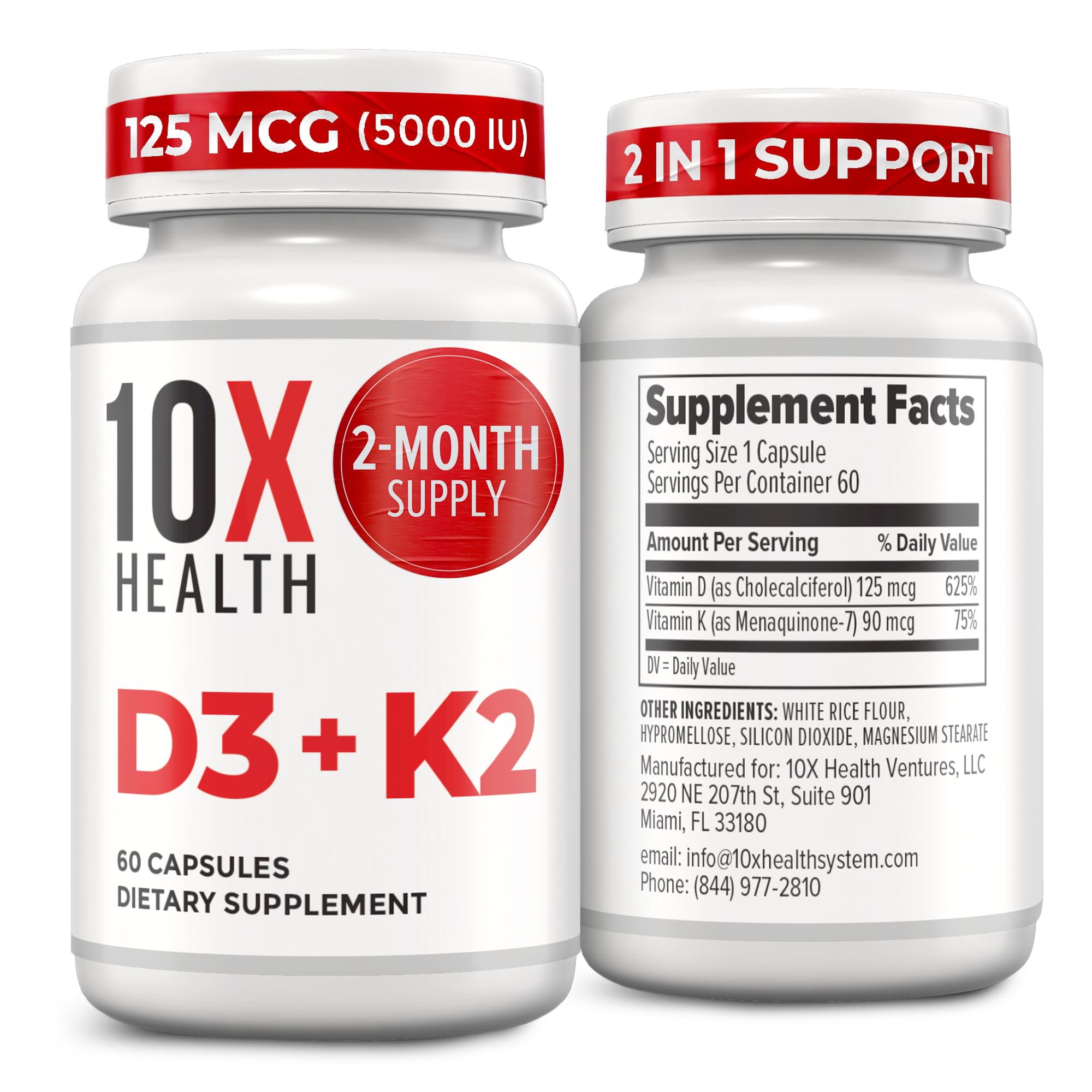 10X Health Vitamin D3 5000 IU & K2 MK7 - Menaquinone 7, High-Potency D3 K2 Vitamin Supplement for Bone Health, Heart and Teeth - 125 mcg Vitamin D & 90 mcg Vitamin K2-60 Capsules