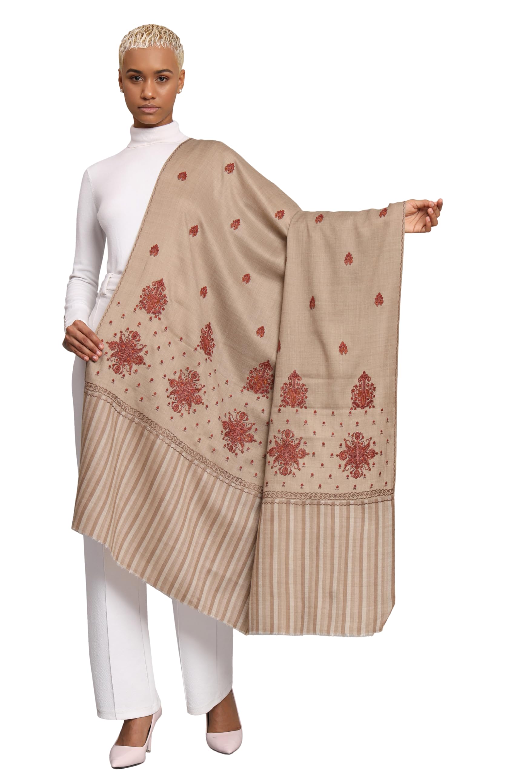 pashtush womens Fine Wool shawl, pasiley stripe palla design, Taupe-picture-15