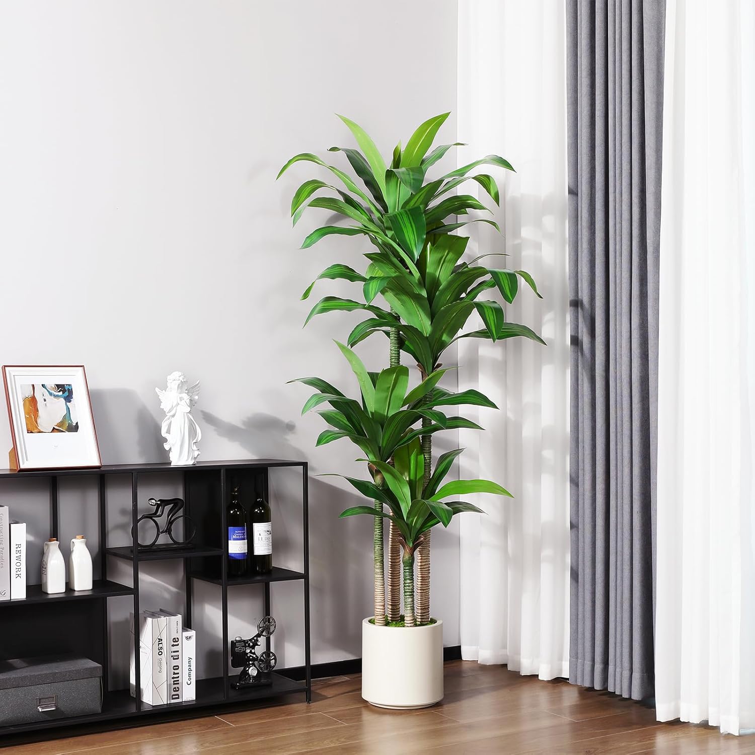 Artificial Dracaena Tree 6ft, Tall Fake Dracaena Plants with White Planter, Faux Dragon Tree Indoor Floor Plant for Home Decor Office Living Room Porch Housewarming, 1Pcs