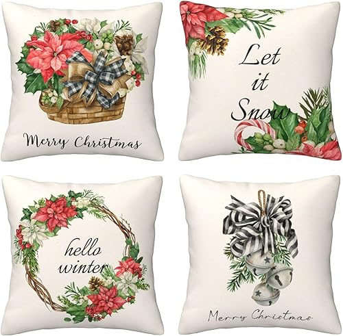 Juego de 4 fundas de almohada de Navidad de 18 x 18 pulgadas, flores rojas de Navidad, decoraciones de Navidad, decoración de vacaciones de