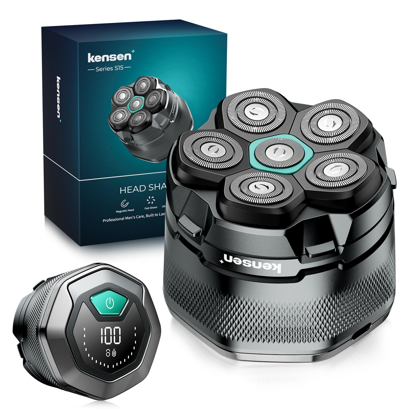kensen Afeitadora Cabeza Hombre 6D con Cabezales Magnéticos, Maquina Afeitar Hombre para Calvo en Seco y Húmedo, IPX6 Impermeable, Pantalla LED, Carga USB-C, 180 mins Uso