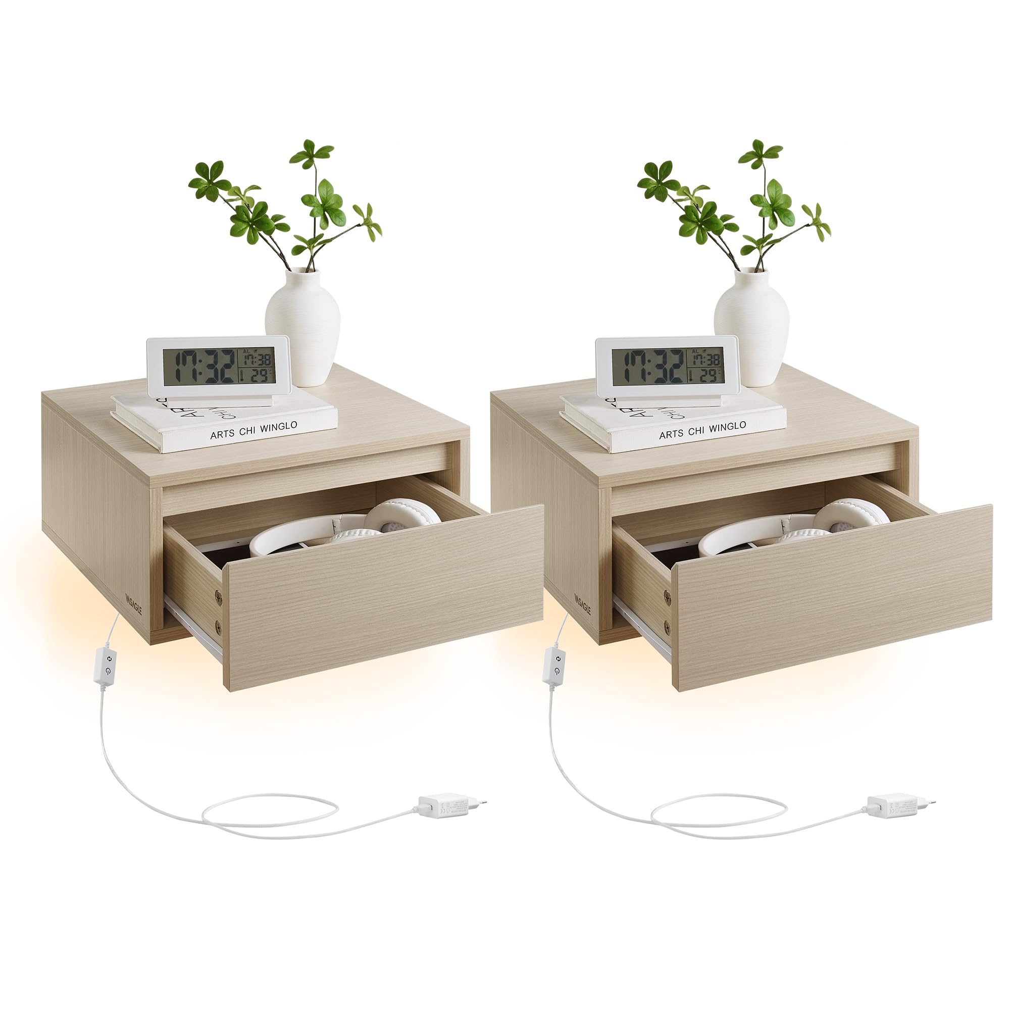 VASAGLE Kailyn Collection - Tables de Chevet Suspendues, Lot de 2, Tables de Nuit, Lumière 3 Couleurs, Étagère Murale Tiroir, 35 x 40 x 18 cm, Style Moderne, Chambre, Salon, Beige Naturel LET854N01