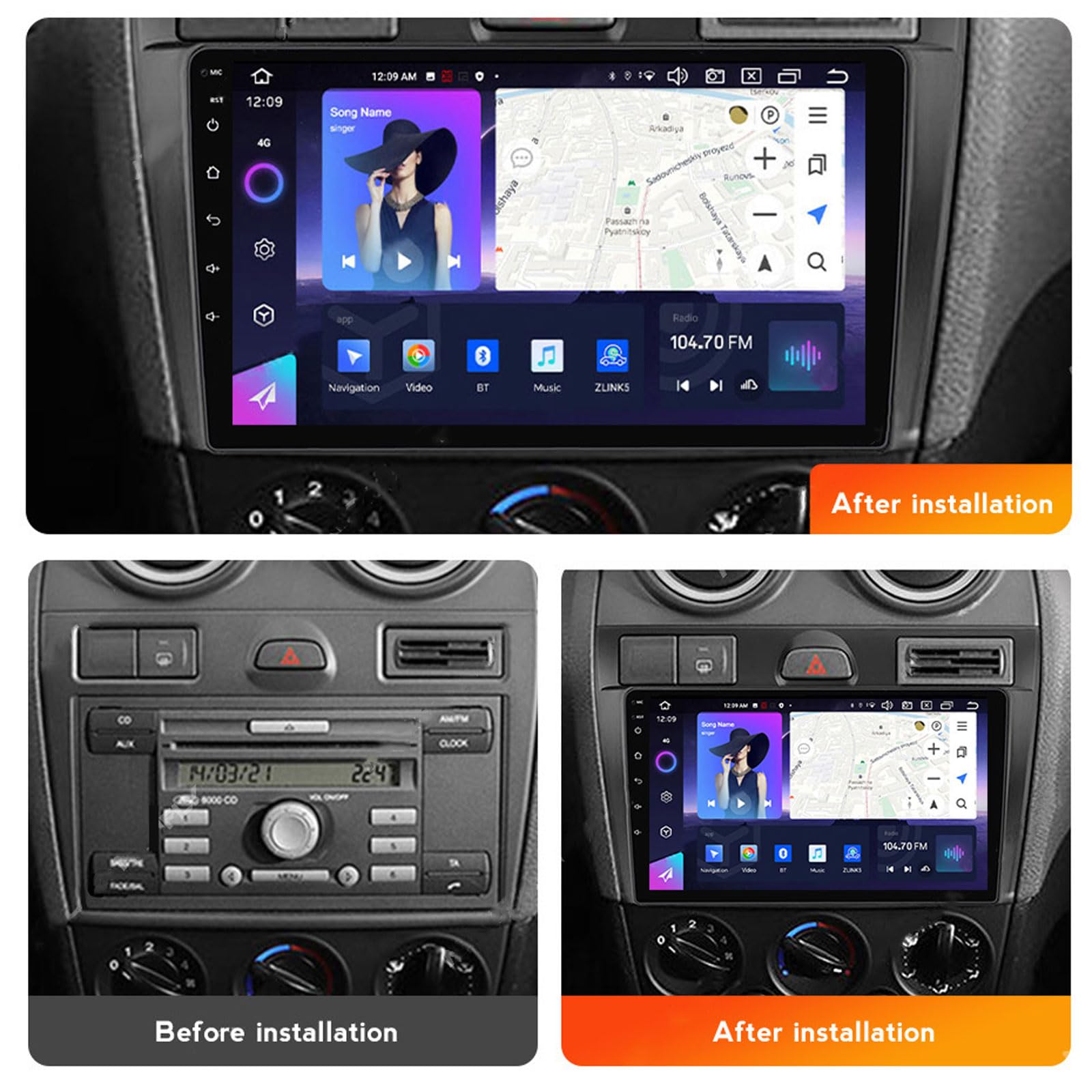 EsaSam Android 13 Car Stereo Bluetooth Car Play 2 DIN Touch Screen Compatible with Ford Fiesta Mk5 2002~2008 9in QLED Display Car Radio with Navigation Android Auto FM RDS SWC,8 Core NF5 4G+64G