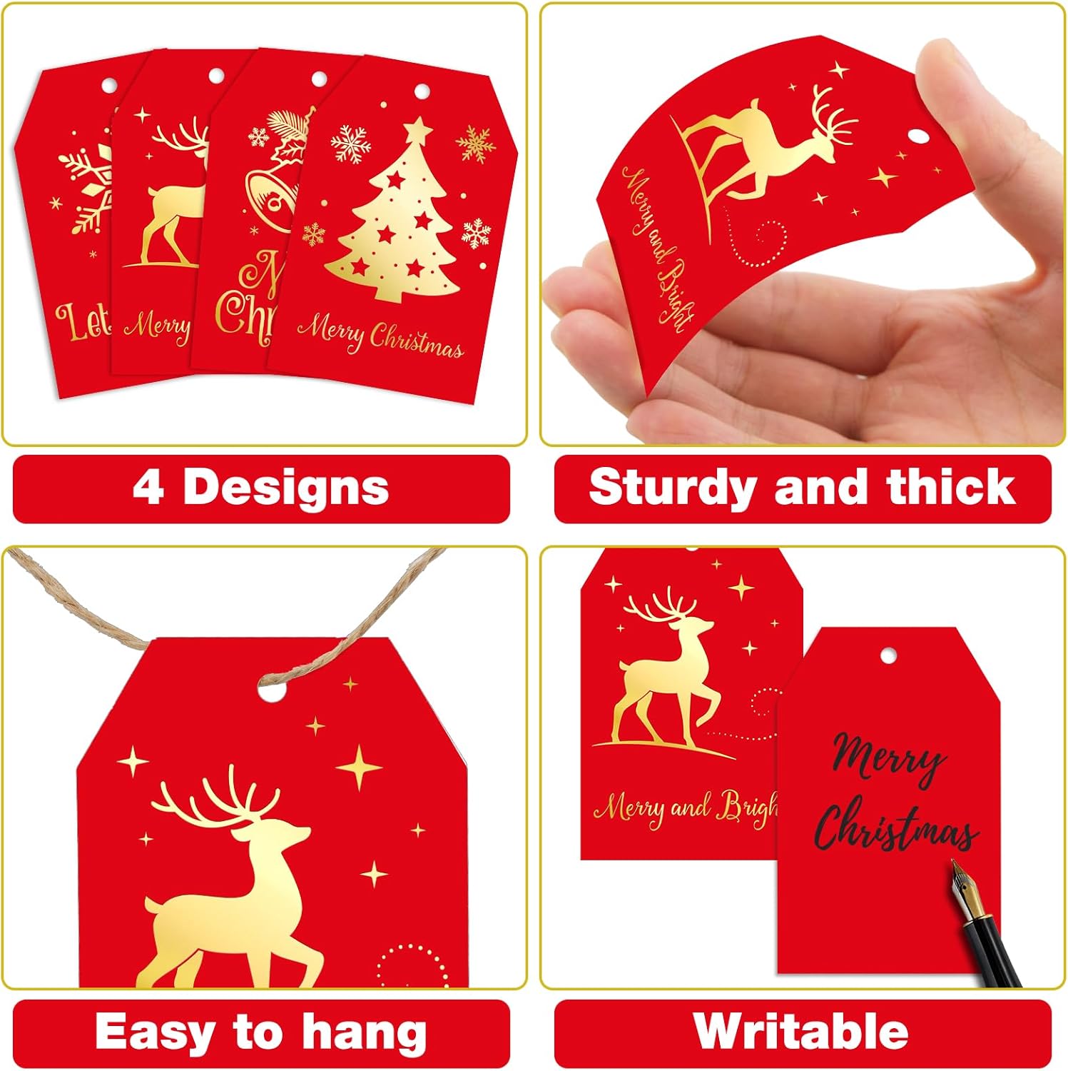 G2PLUS 60Pcs Christmas Gift Tags with String - Red and Gold Merry Christmas Paper Tags, 4 Designs Xmas Tag for Holiday Wrapping, DIY Crafts, Gift Exchange, Party Favors - Image 3