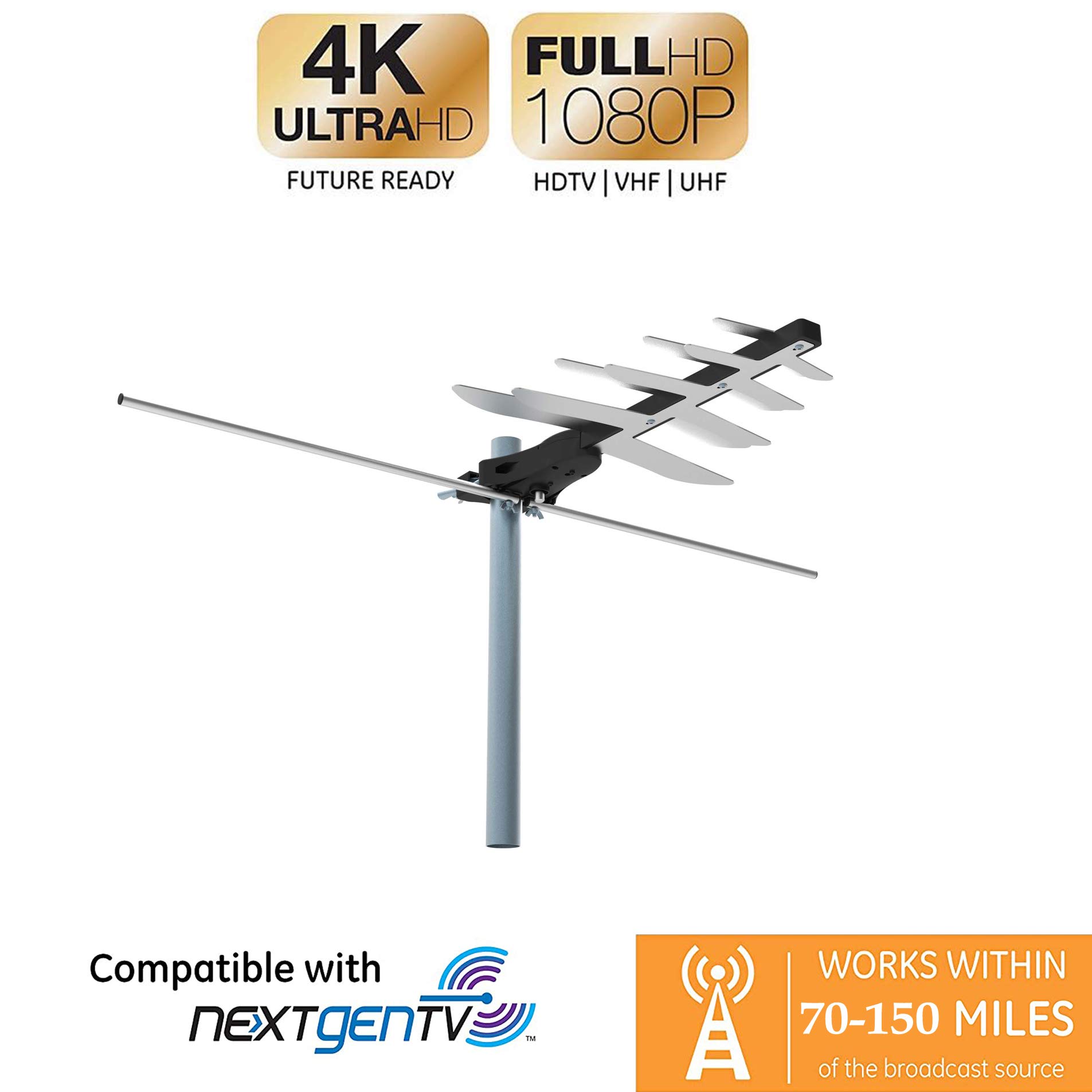 Lava HD-250 Amplified Digital TV Antenna - 4K 1080P HDTV, 65 Miles Range, Weather Resistant, Easy Install, Free Local Channels, 45ft Coax Cable