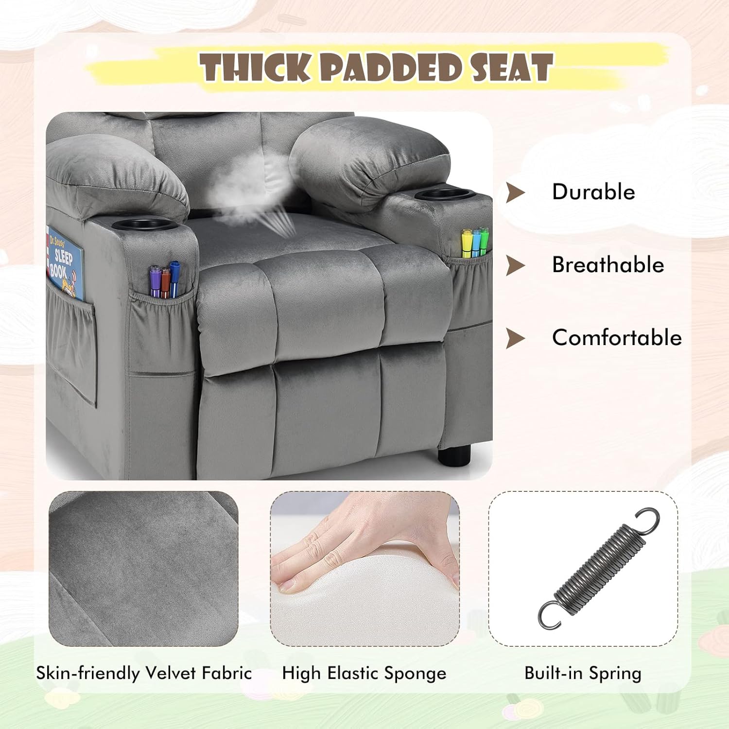 COSTWAY Larger Kids Recliner Chair, Adjustable Lounge Recliner w/ 2 Cup Holders, 1 Side Pocket, 2 Front Pockets, Footrest, Velvet Fabric Recliner for Boys & Girls, Ideal for Bedroom (Grey)