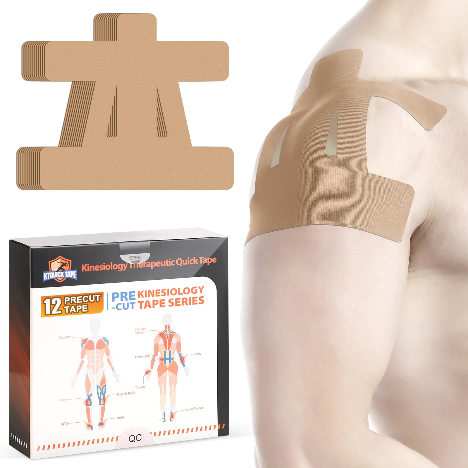 Kinesiology Tape for Shoulder, 12 Count Shoulder Tape Precut, KTQUICK Original Cotton Waterproof & Breathable, Enhance Elastic Kinesiology Athletic Tape for Shoulder Support and Muscle Sports (Beige)