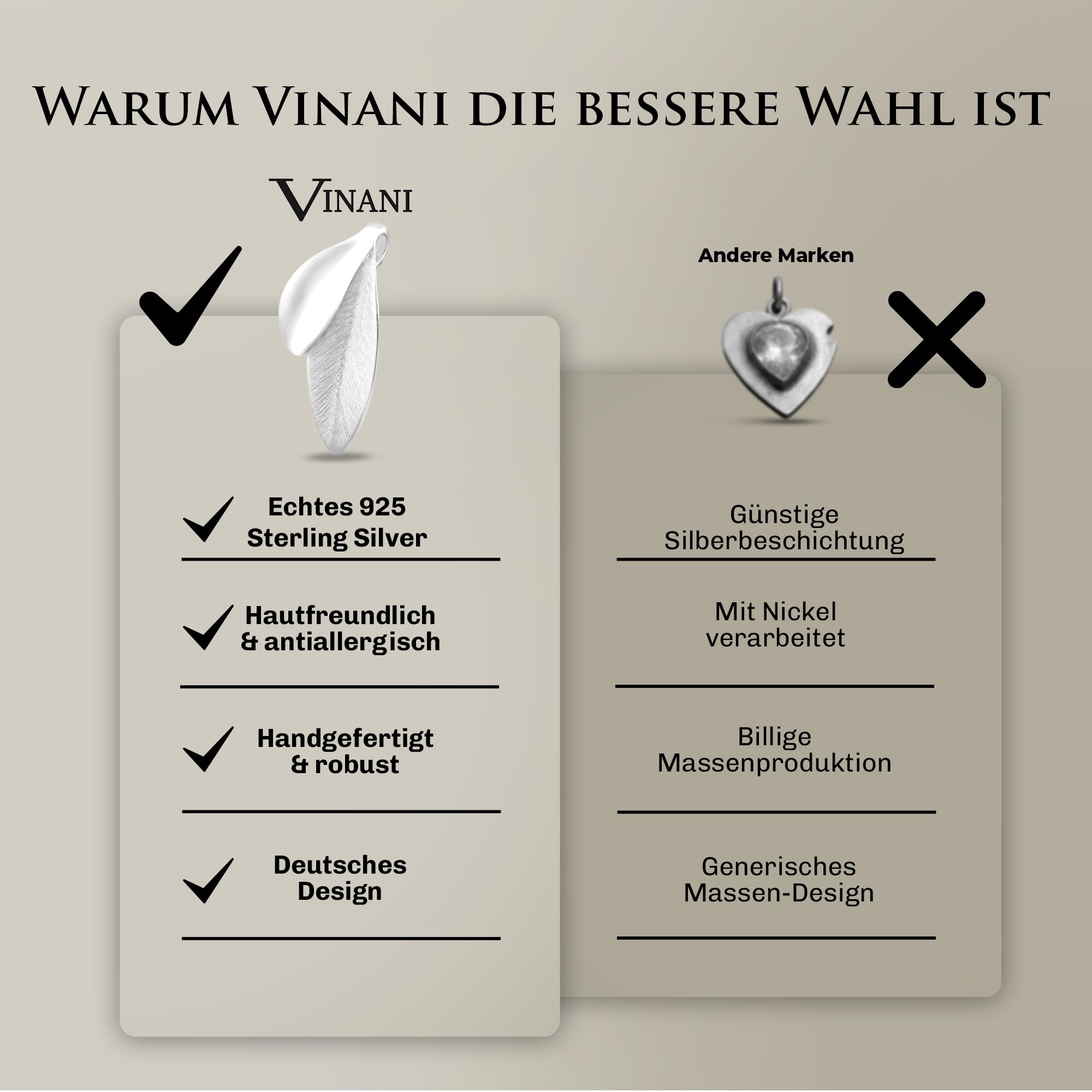 Vinani Kettenanhänger 925 Sterling Silber Blattform für Damen, ABH-EZ | Gebürstete Oberfläche, antiallergisch, nickelfrei, deutsches Design, ideal für empfindliche Haut und vielseitige Looks