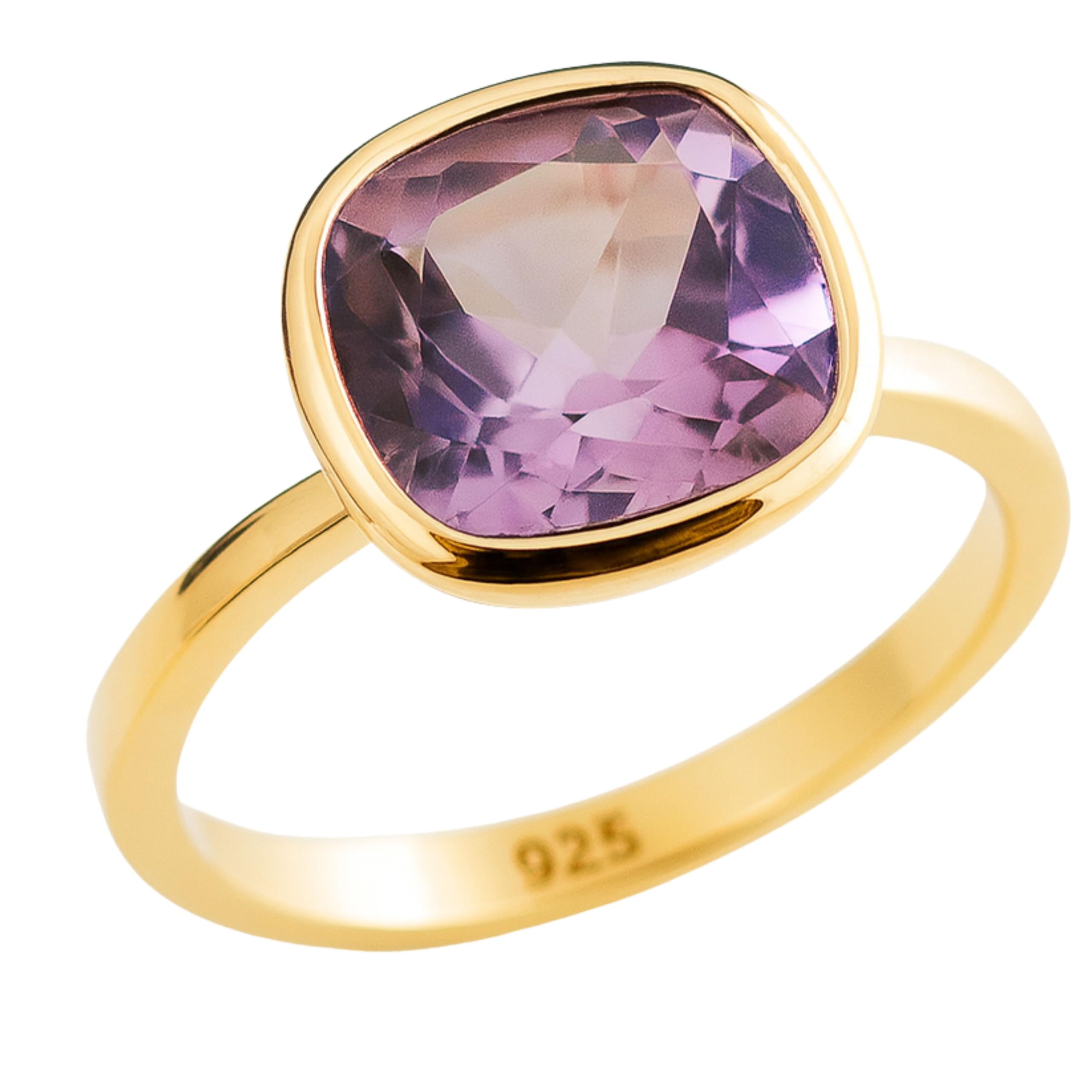 Amethyst 10x10mm Kissenschliff Vergoldet Sterling Silber Ring - Natürlicher Edelstein - Geburtstagsgeschenk – Handgefertigte Geschenkideen für Frauen (Größe: US Size 8 / Diameter 18.2)
