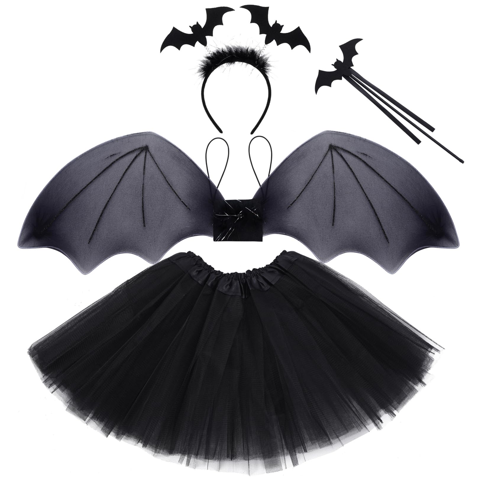 Baotongle Halloween Bat Costume Set - Wings, Tutu Skirt, Headband and Magic Wand - Black Dress Up for Carnival